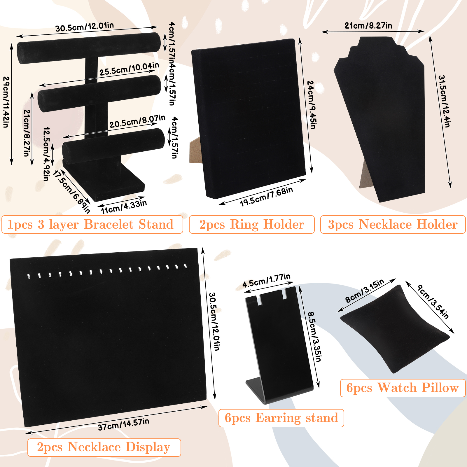 Bocaoying 20 Pcs Velvet Jewelry Display Set, Necklaces Rings Earrings Watches and Bracelets Display Stand, 3 Tier T-Shaped Stand, Jewelry Organizer and Storage for Home Store Show