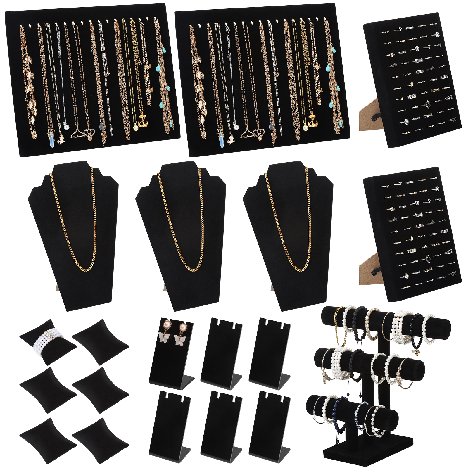 Bocaoying 20 Pcs Velvet Jewelry Display Set, Necklaces Rings Earrings Watches and Bracelets Display Stand, 3 Tier T-Shaped Stand, Jewelry Organizer and Storage for Home Store Show