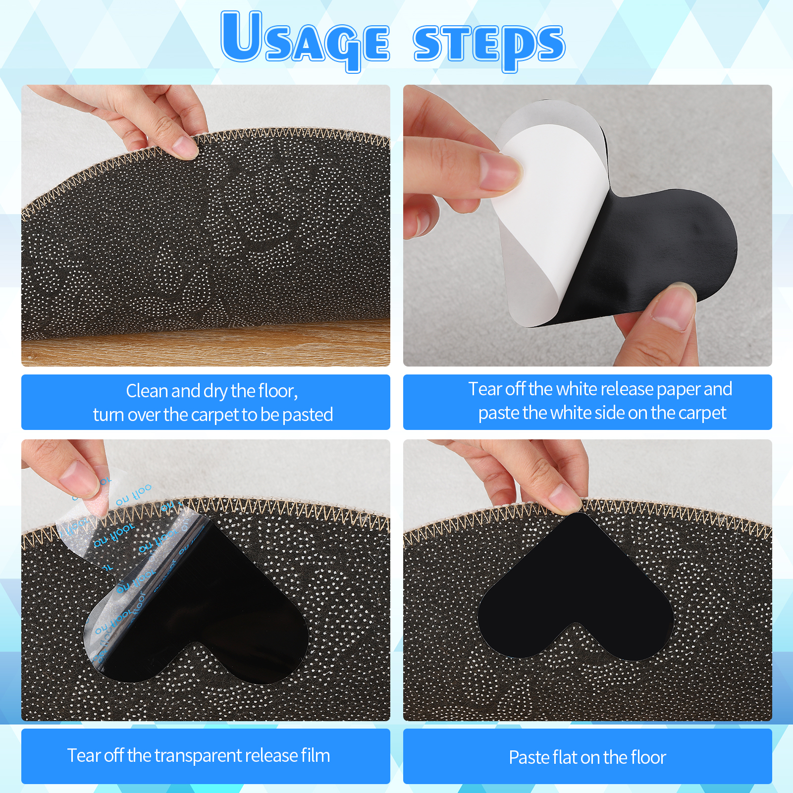 Armscye 32 Pcs Double Sided Rug Tape, Adhesive Rug Grippers for Hardwood Floors, Non Slip Carpet Tape, Reusable Rug Pads for Keep Corners Flat (Black)