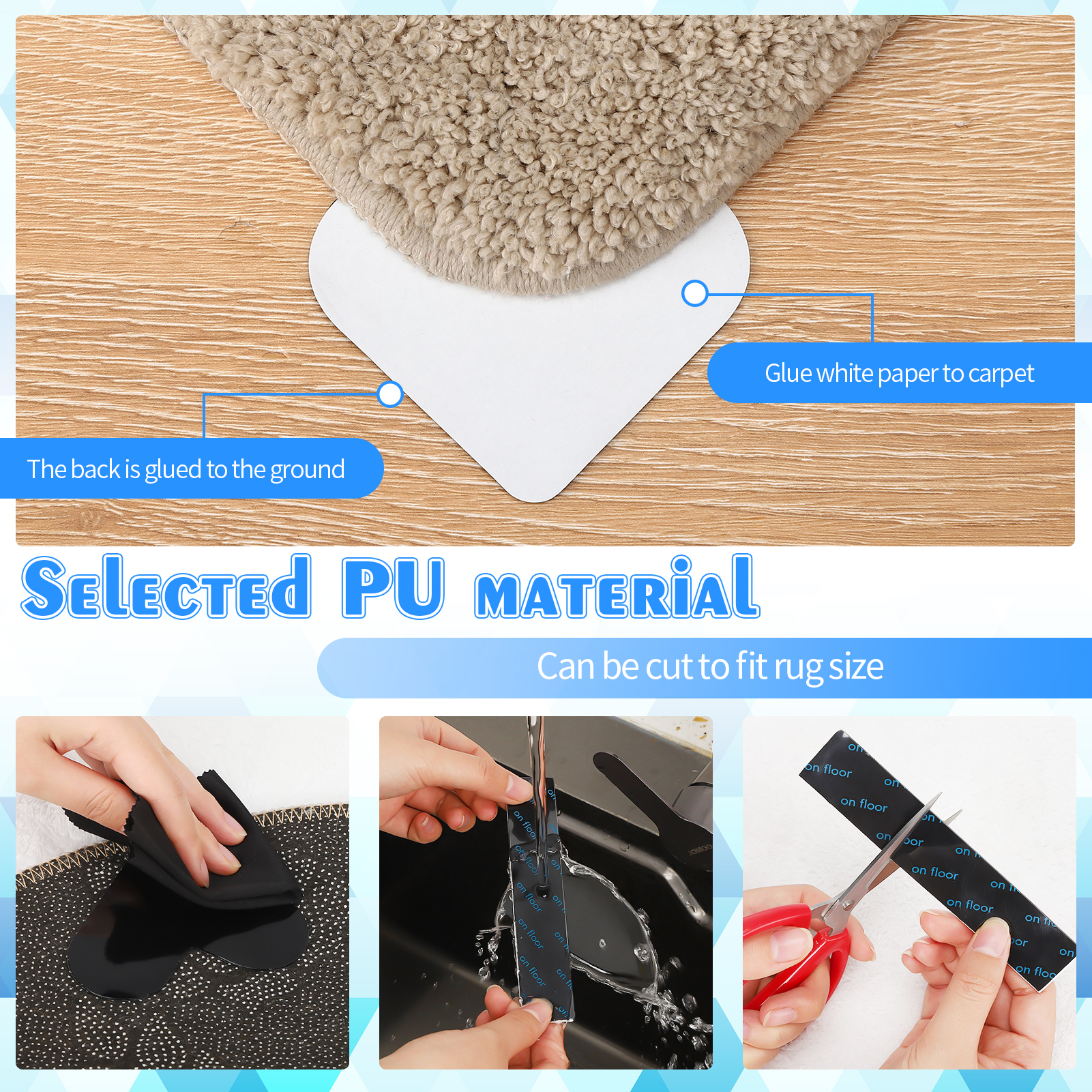 Armscye 32 Pcs Double Sided Rug Tape, Adhesive Rug Grippers for Hardwood Floors, Non Slip Carpet Tape, Reusable Rug Pads for Keep Corners Flat (Black)