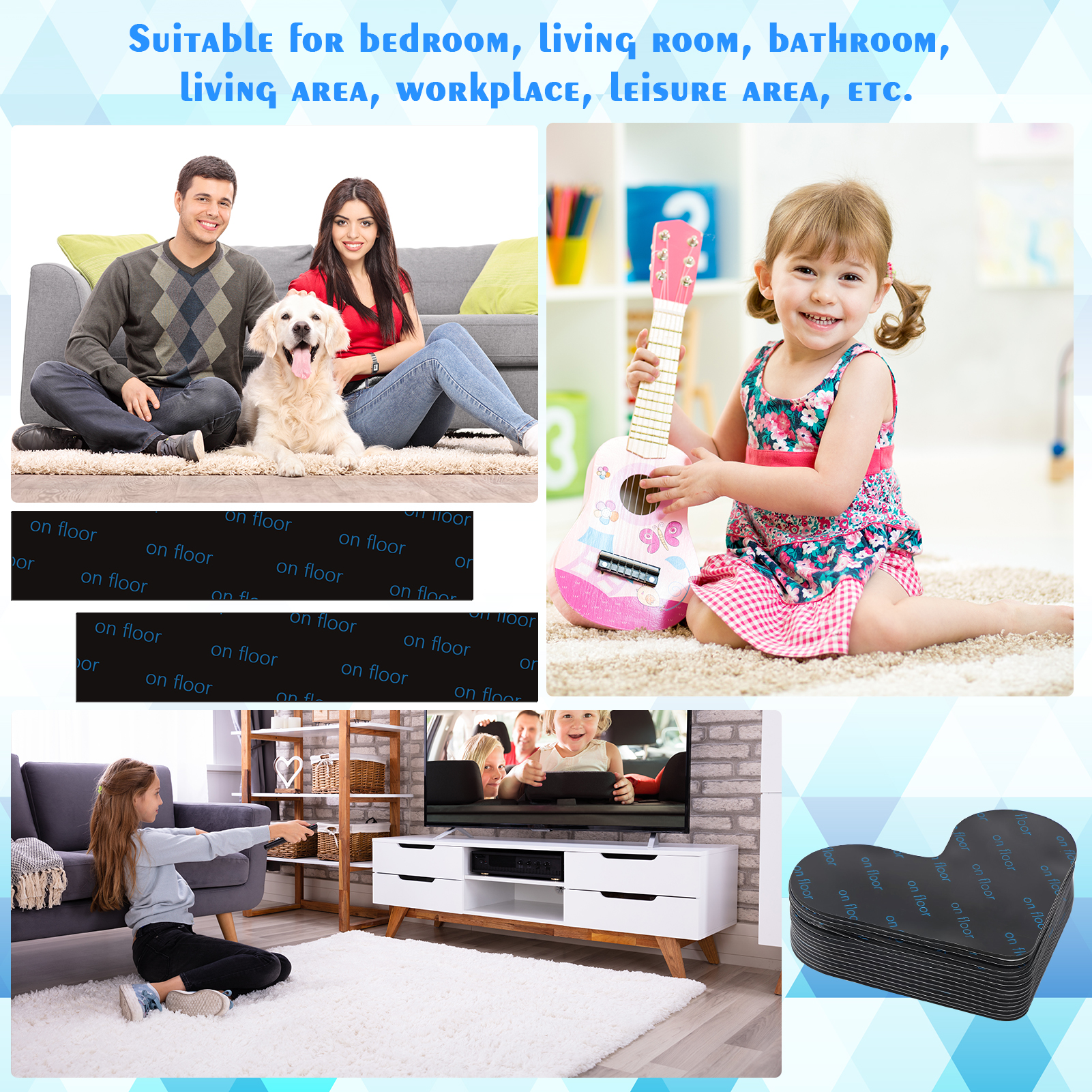 Armscye 32 Pcs Double Sided Rug Tape, Adhesive Rug Grippers for Hardwood Floors, Non Slip Carpet Tape, Reusable Rug Pads for Keep Corners Flat (Black)