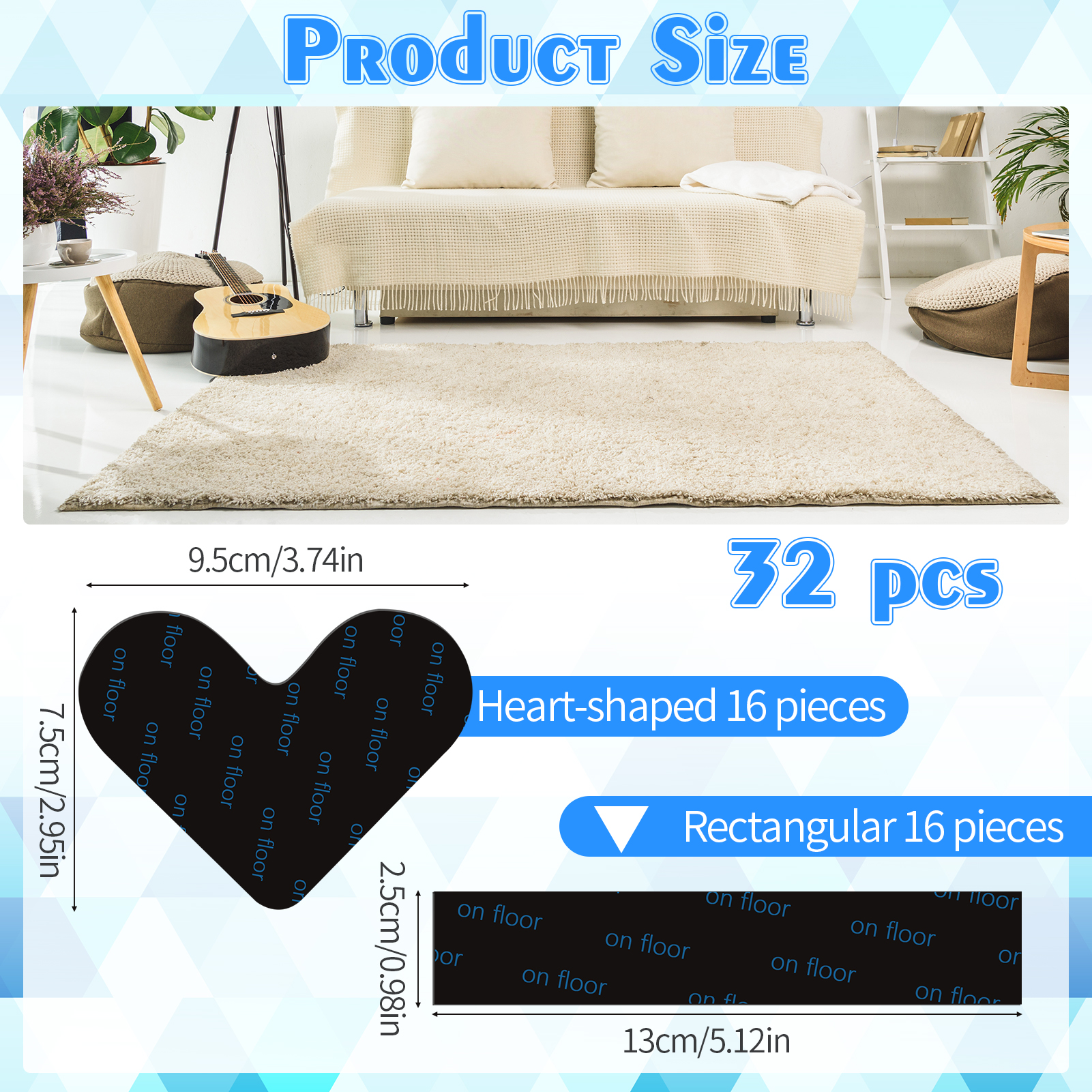 Armscye 32 Pcs Double Sided Rug Tape, Adhesive Rug Grippers for Hardwood Floors, Non Slip Carpet Tape, Reusable Rug Pads for Keep Corners Flat (Black)