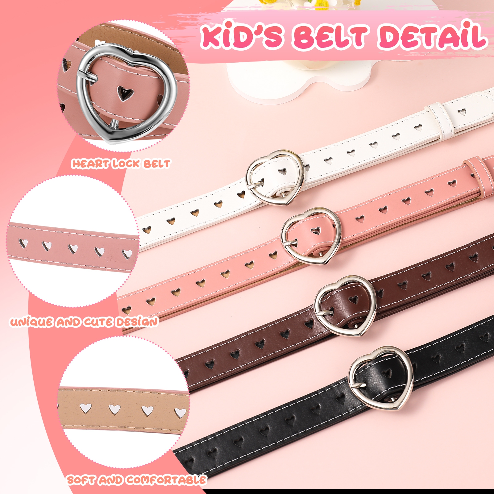 Bocaoying 4 Pcs Cute Heart Shape Girls Belt, PU Leather Belt, Adjustable Belt with Heart Buckle Skinny Belt for Boys Girls Ladies Belts for Jeans Dresses Jumpsuit Trousers