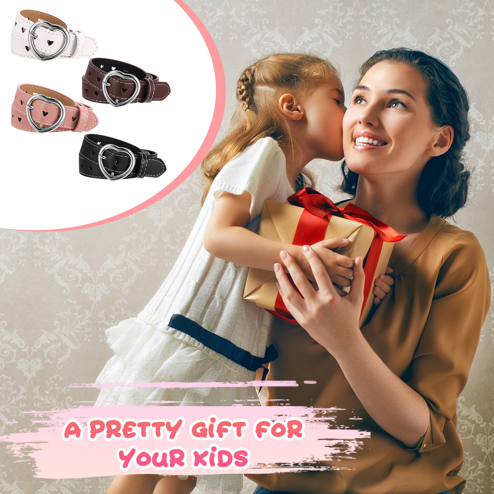 Bocaoying 4 Pcs Cute Heart Shape Girls Belt, PU Leather Belt, Adjustable Belt with Heart Buckle Skinny Belt for Boys Girls Ladies Belts for Jeans Dresses Jumpsuit Trousers