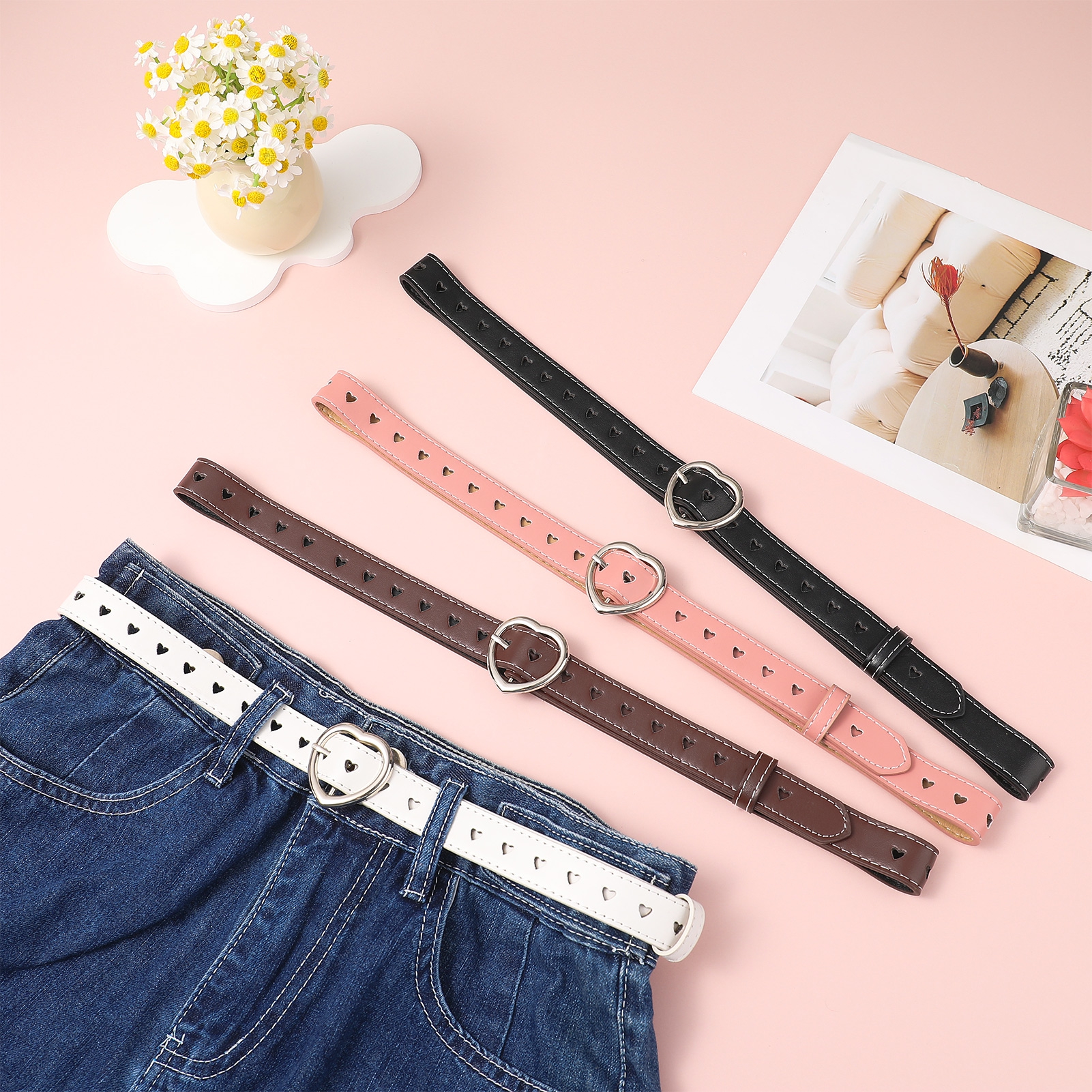 Bocaoying 4 Pcs Cute Heart Shape Girls Belt, PU Leather Belt, Adjustable Belt with Heart Buckle Skinny Belt for Boys Girls Ladies Belts for Jeans Dresses Jumpsuit Trousers