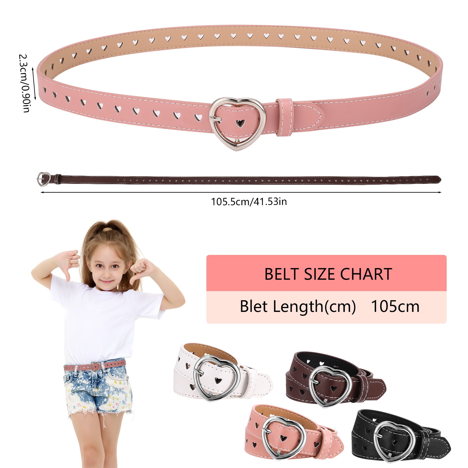 Bocaoying 4 Pcs Cute Heart Shape Girls Belt, PU Leather Belt, Adjustable Belt with Heart Buckle Skinny Belt for Boys Girls Ladies Belts for Jeans Dresses Jumpsuit Trousers