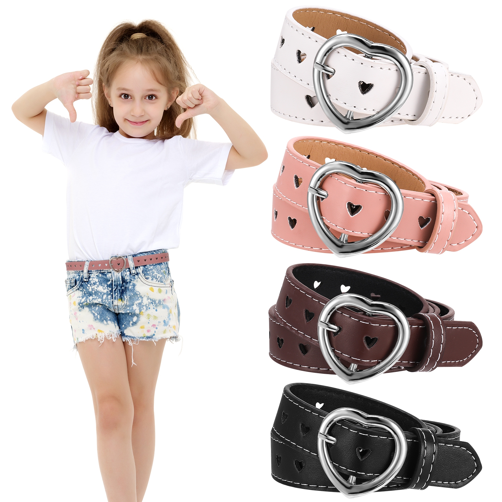 Bocaoying 4 Pcs Cute Heart Shape Girls Belt, PU Leather Belt, Adjustable Belt with Heart Buckle Skinny Belt for Boys Girls Ladies Belts for Jeans Dresses Jumpsuit Trousers