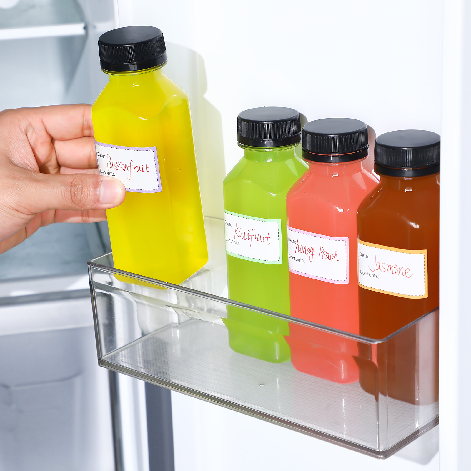 Topekada 7 Pcs 10 oz Empty Plastic Juice Bottles with Lids, Reusable Drink Containers with Brush and Labels, Clear Bulk Juice Containers with Caps for Juicing, Smoothie and Other Beverages