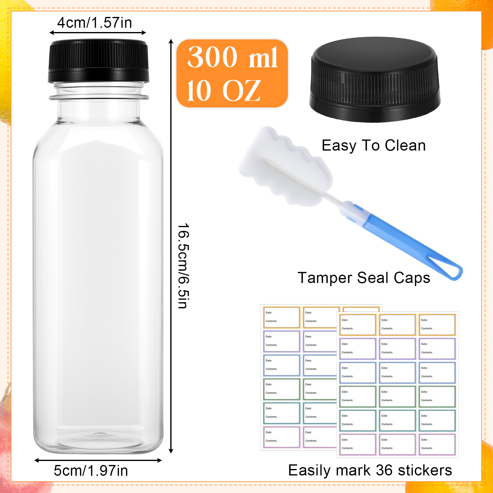 Topekada 7 Pcs 10 oz Empty Plastic Juice Bottles with Lids, Reusable Drink Containers with Brush and Labels, Clear Bulk Juice Containers with Caps for Juicing, Smoothie and Other Beverages