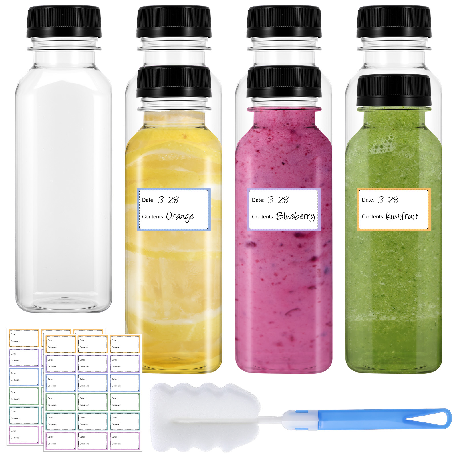 Topekada 7 Pcs 10 oz Empty Plastic Juice Bottles with Lids, Reusable Drink Containers with Brush and Labels, Clear Bulk Juice Containers with Caps for Juicing, Smoothie and Other Beverages