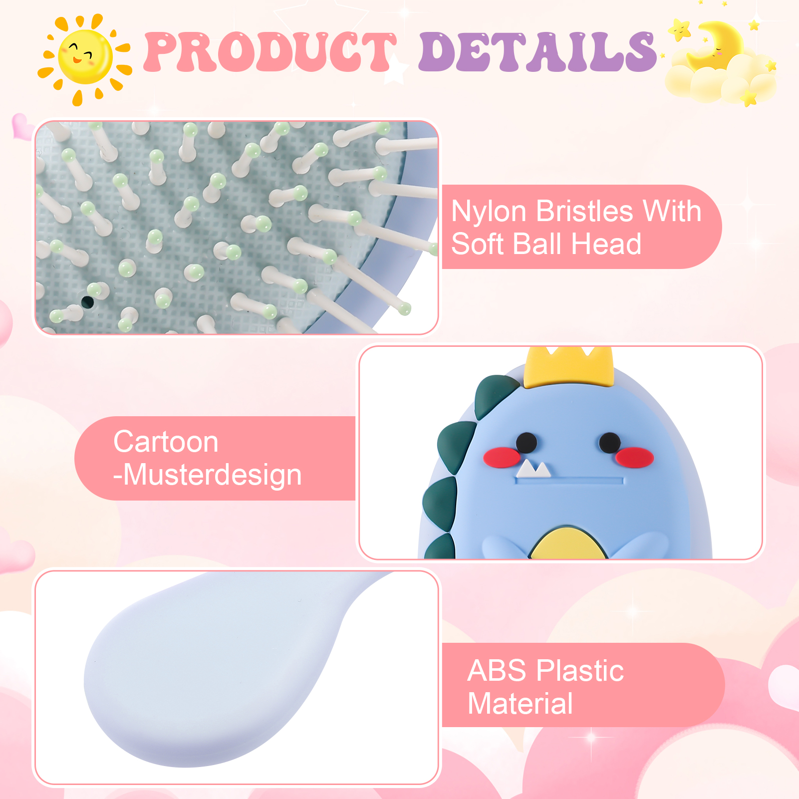 Abaima 2 Pack Toddler Hair Brush, Mini Hair Brush for Kids, Baby Detangler Brush for Straight Curly Thick Hair, Cute Travel Brush for Boys and Girls - Dinosaurs Brush with Air Cushion