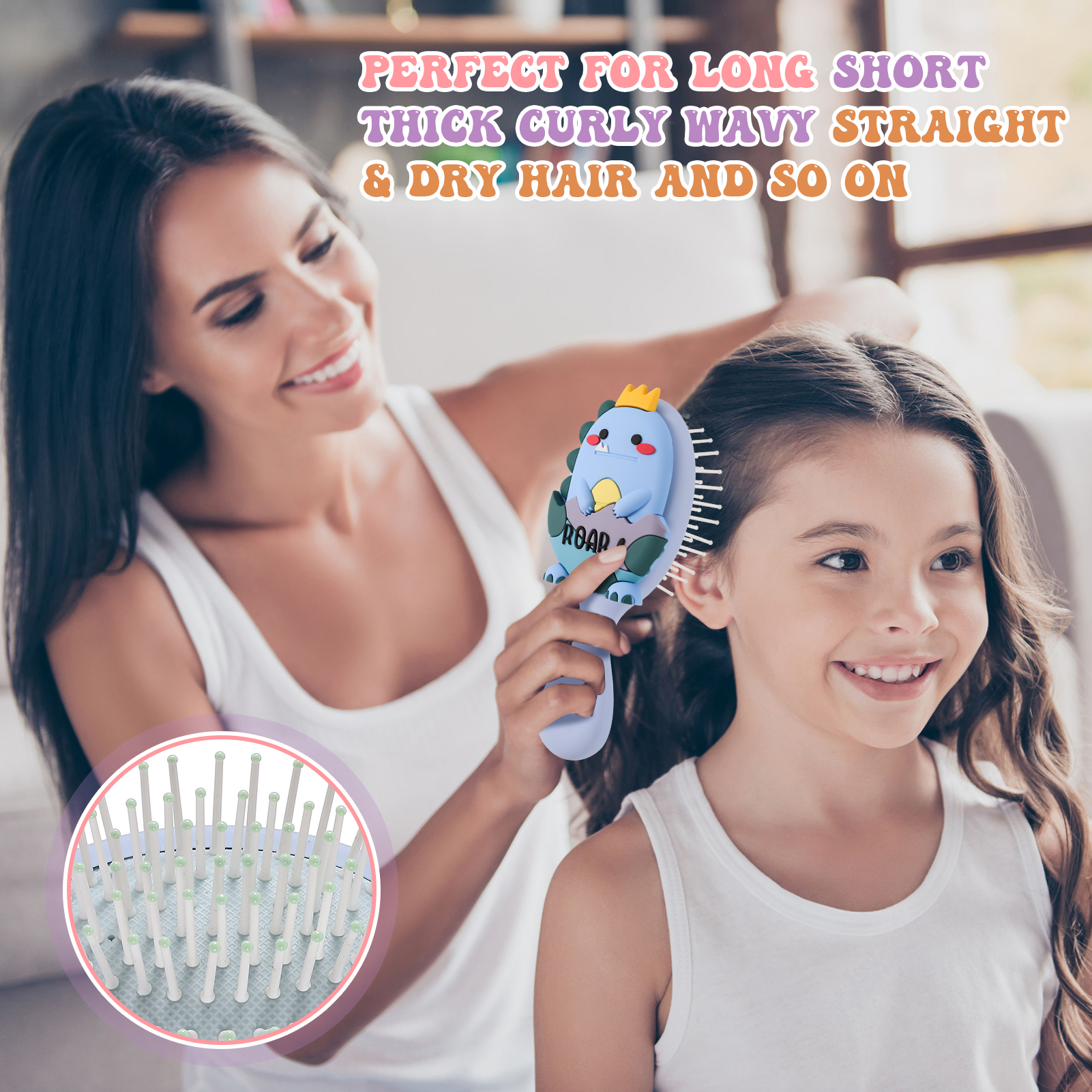 Abaima 2 Pack Toddler Hair Brush, Mini Hair Brush for Kids, Baby Detangler Brush for Straight Curly Thick Hair, Cute Travel Brush for Boys and Girls - Dinosaurs Brush with Air Cushion