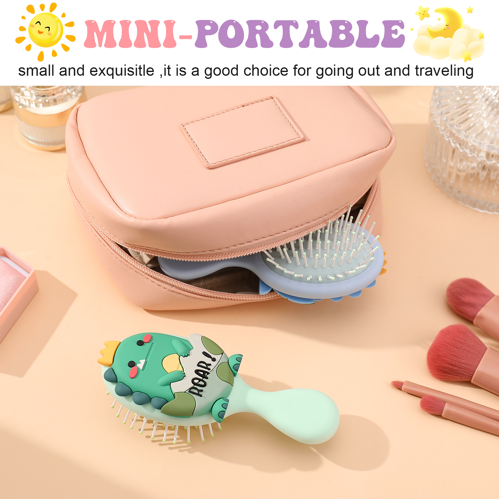 Abaima 2 Pack Toddler Hair Brush, Mini Hair Brush for Kids, Baby Detangler Brush for Straight Curly Thick Hair, Cute Travel Brush for Boys and Girls - Dinosaurs Brush with Air Cushion