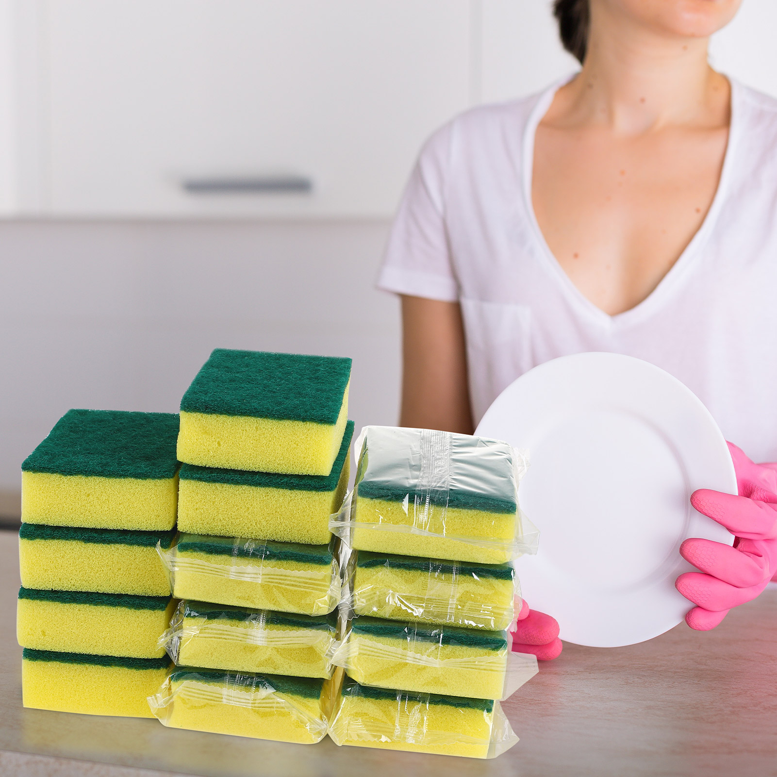 Armscye 50 Packs Dish Sponges Bulk, Individually Scrub Sponges, Uncompressed Wrapped Sponges, Non Scratch Dishes Scouring Pad for Kitchen Household Cleaning Dishes