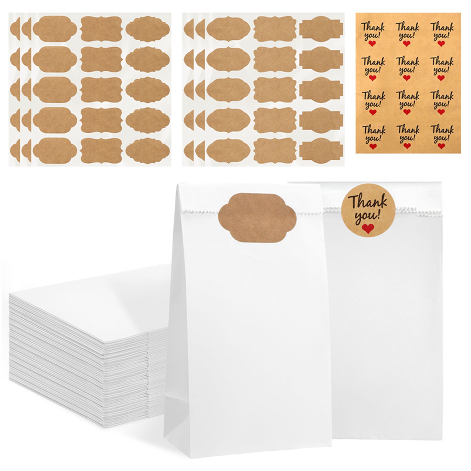 Armscye 100 Pack White Paper Bags, Small Lunch Paper Bags with 102 Count Bonus Label Seal Stickers, 3.54*2.17*6.89 Inches Mini Paper Bags for Food Gift Storage, Business (2 lb Capacity)