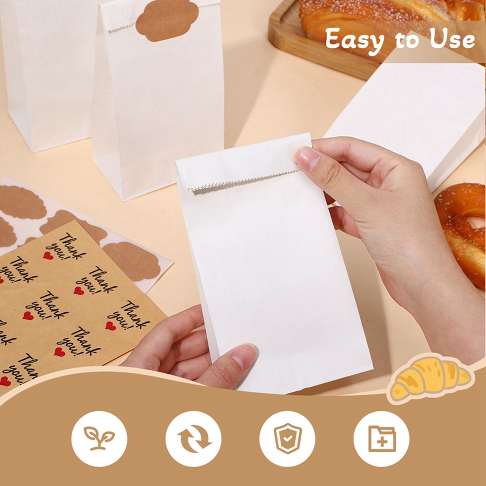 Armscye 100 Pack White Paper Bags, Small Lunch Paper Bags with 102 Count Bonus Label Seal Stickers, 3.54*2.17*6.89 Inches Mini Paper Bags for Food Gift Storage, Business (2 lb Capacity)