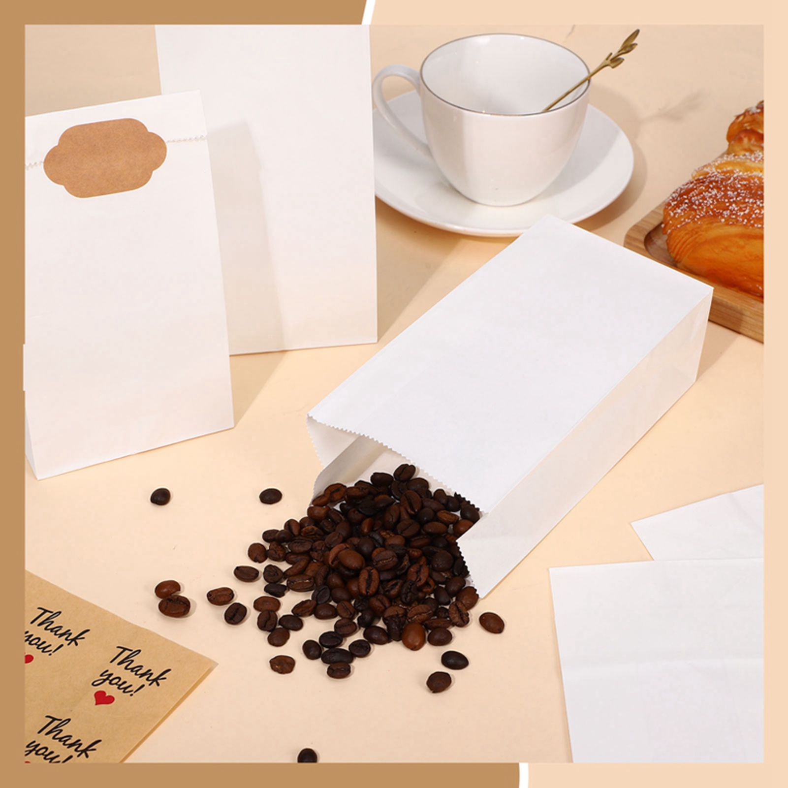 Armscye 100 Pack White Paper Bags, Small Lunch Paper Bags with 102 Count Bonus Label Seal Stickers, 3.54*2.17*6.89 Inches Mini Paper Bags for Food Gift Storage, Business (2 lb Capacity)