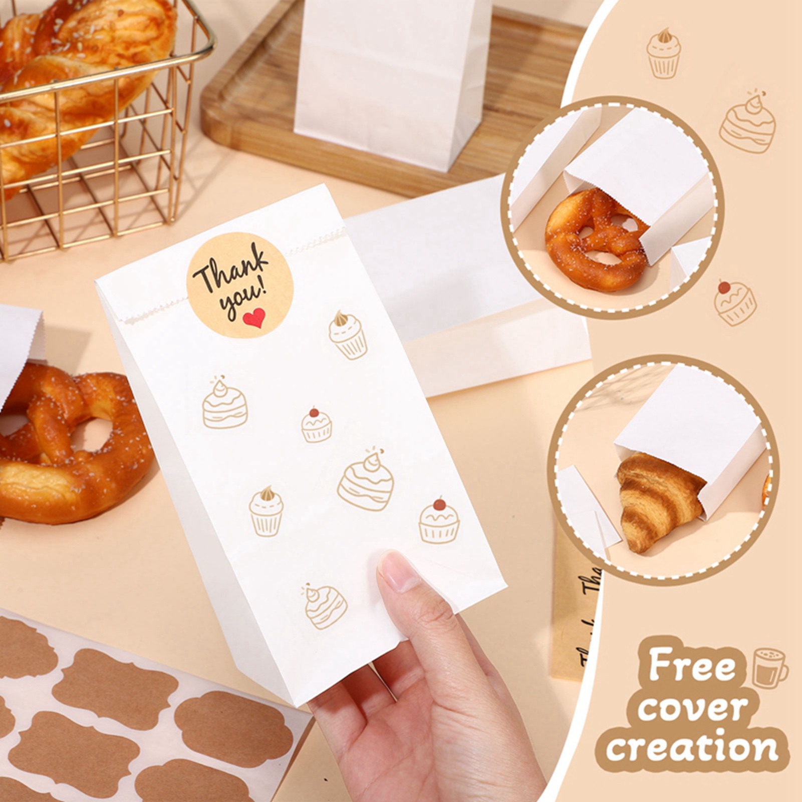 Armscye 100 Pack White Paper Bags, Small Lunch Paper Bags with 102 Count Bonus Label Seal Stickers, 3.54*2.17*6.89 Inches Mini Paper Bags for Food Gift Storage, Business (2 lb Capacity)