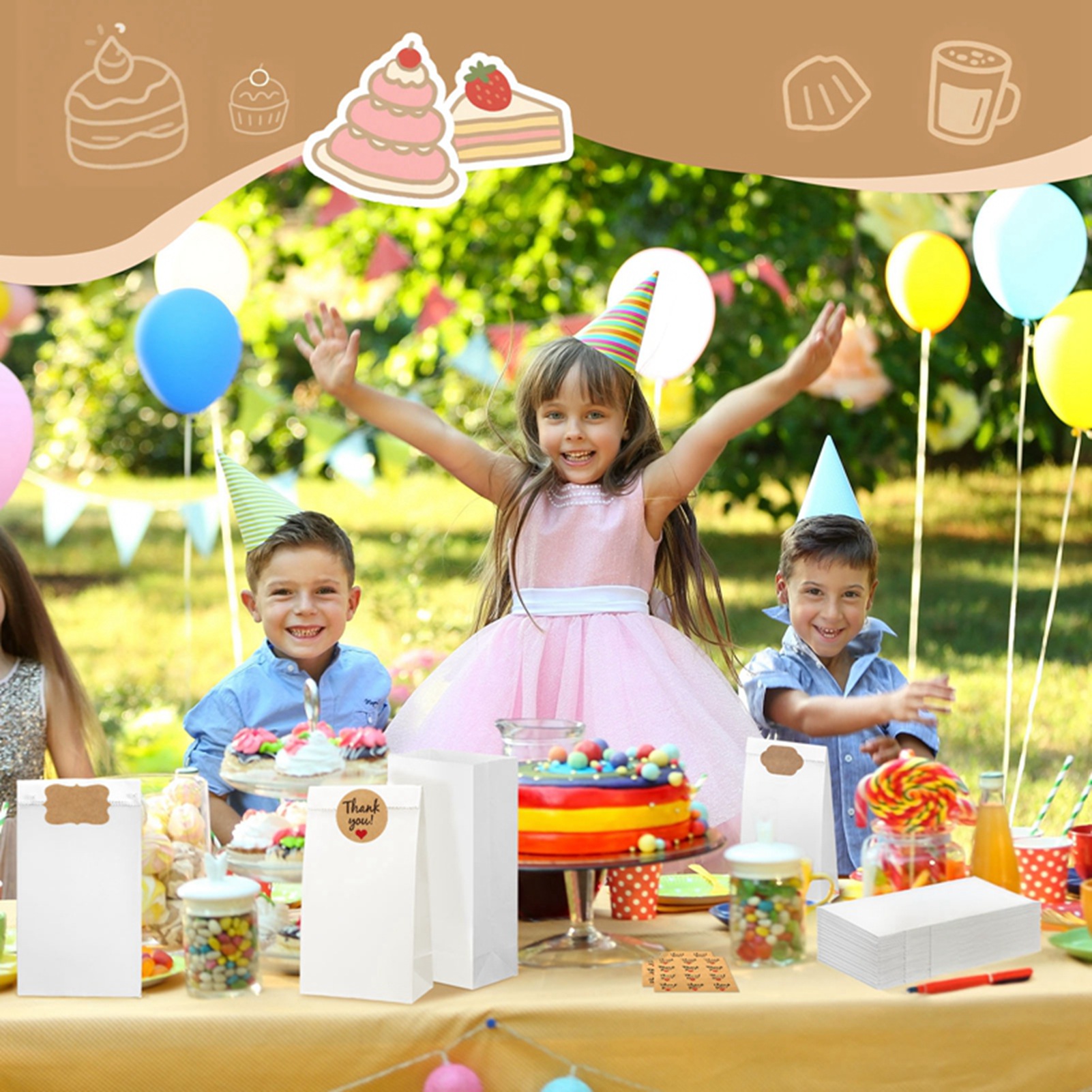 Armscye 100 Pack White Paper Bags, Small Lunch Paper Bags with 102 Count Bonus Label Seal Stickers, 3.54*2.17*6.89 Inches Mini Paper Bags for Food Gift Storage, Business (2 lb Capacity)