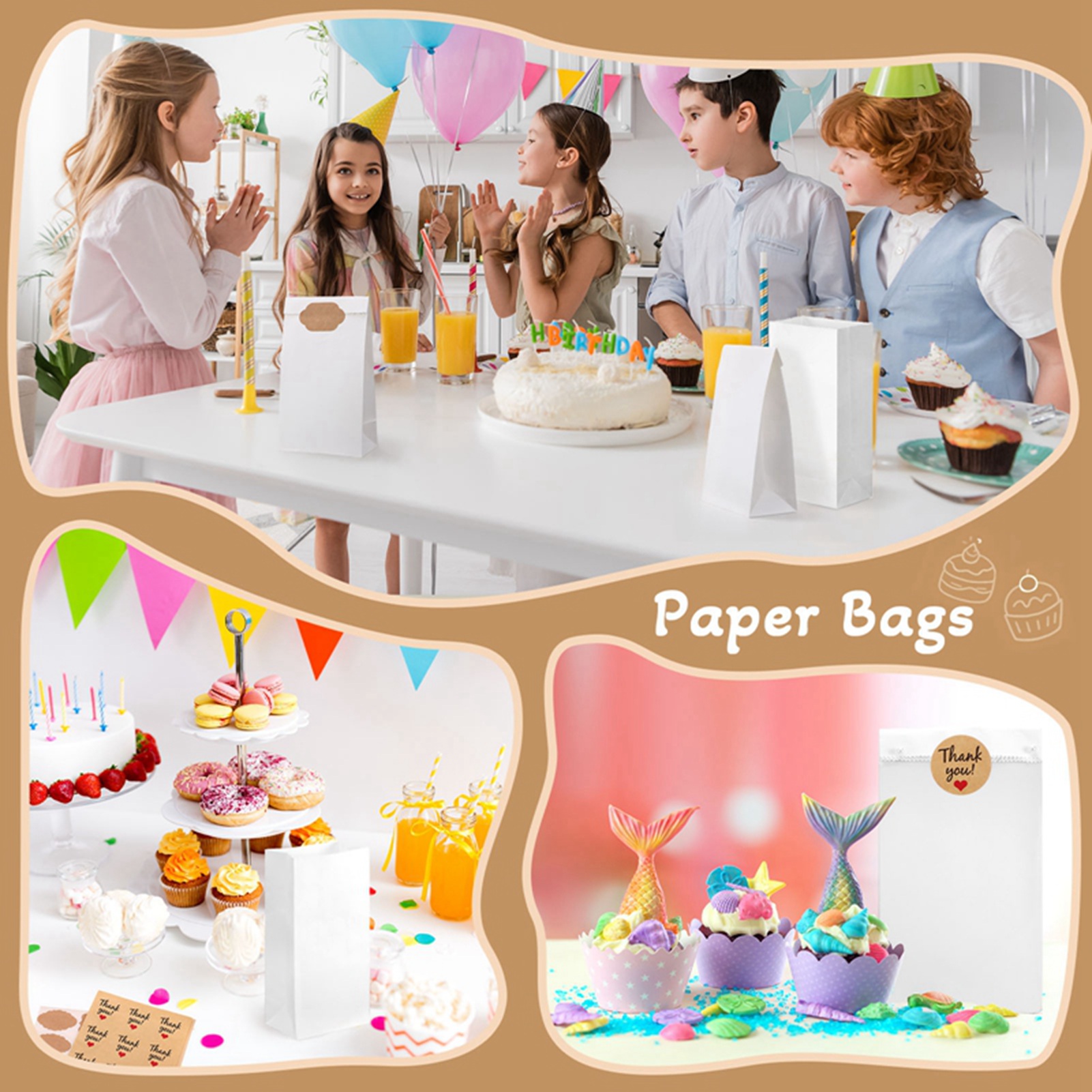 Armscye 100 Pack White Paper Bags, Small Lunch Paper Bags with 102 Count Bonus Label Seal Stickers, 3.54*2.17*6.89 Inches Mini Paper Bags for Food Gift Storage, Business (2 lb Capacity)