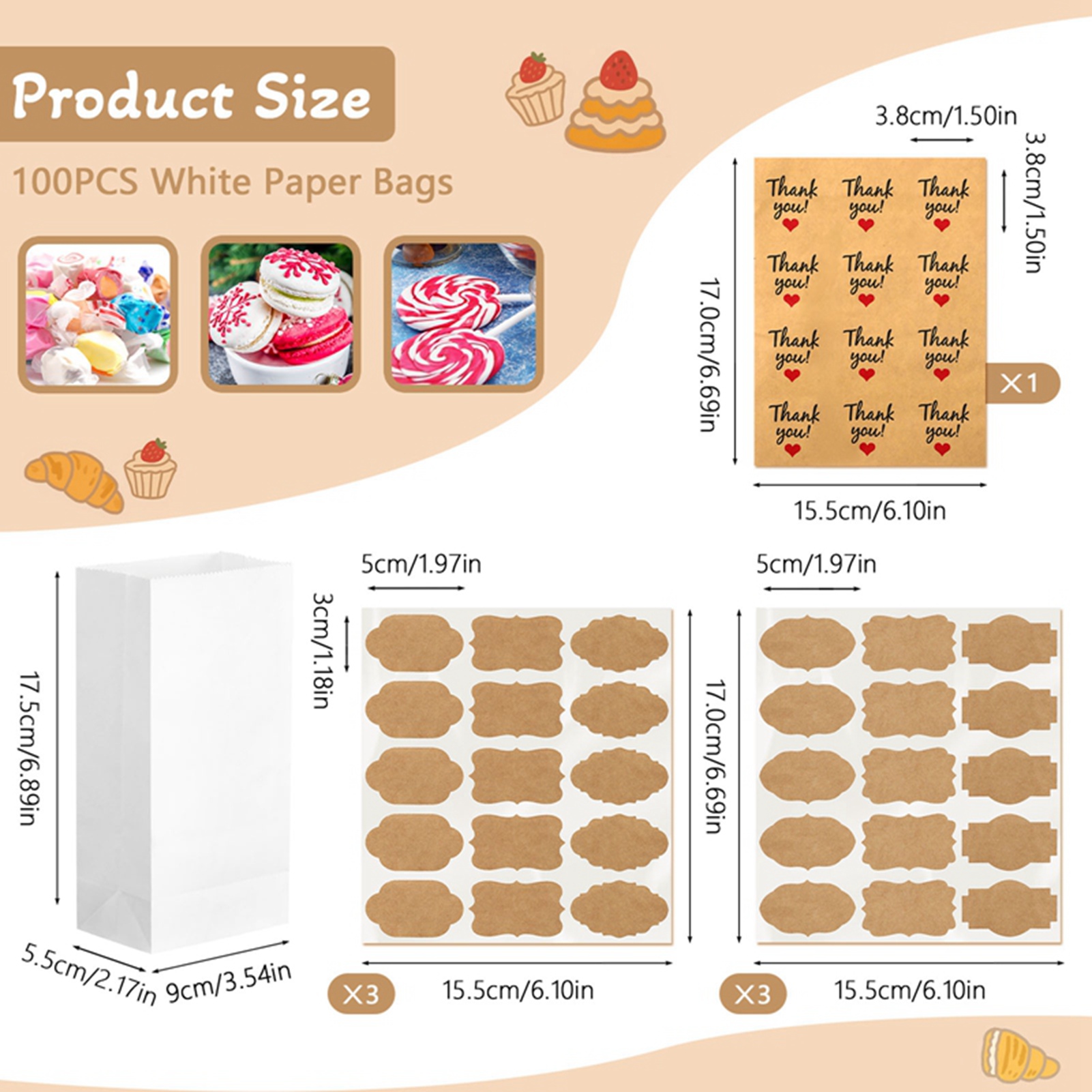 Armscye 100 Pack White Paper Bags, Small Lunch Paper Bags with 102 Count Bonus Label Seal Stickers, 3.54*2.17*6.89 Inches Mini Paper Bags for Food Gift Storage, Business (2 lb Capacity)