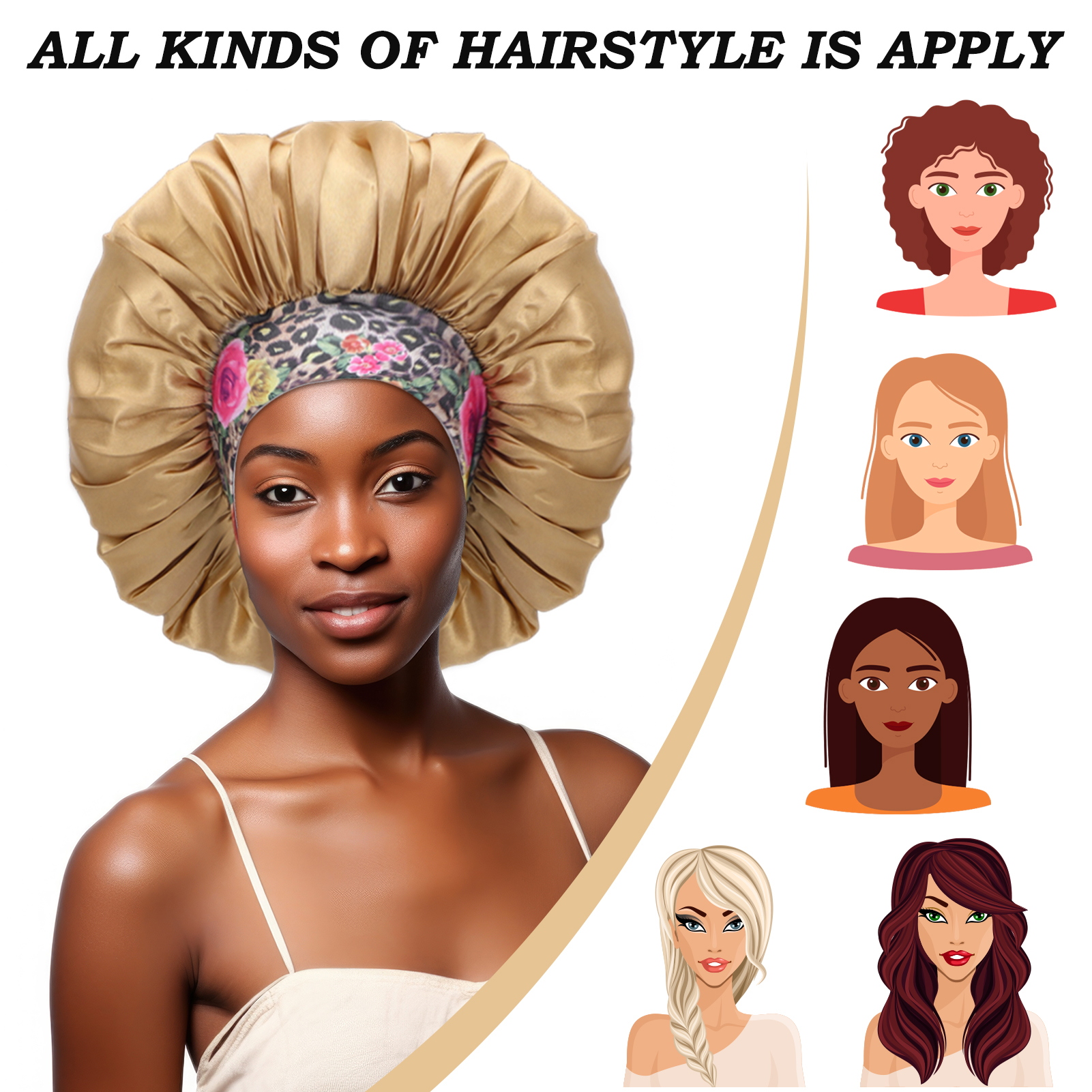 Abaima 3 Pcs Satin Hair Bonnet For Sleeping, Sleeping Bonnet With Printed Wide Headbands Red Black Blue Satin Caps For Women Large Bonnet Hairwrap Slumber Caps