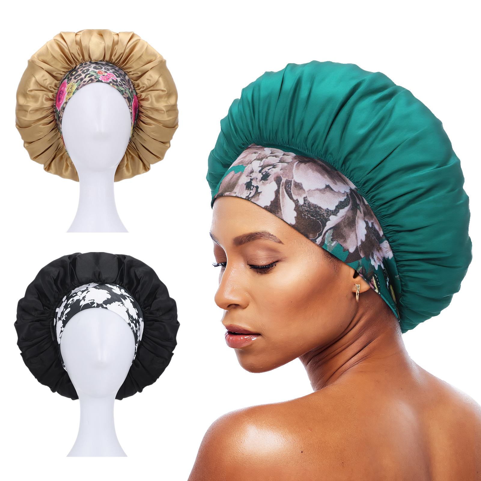 Abaima 3 Pcs Satin Hair Bonnet For Sleeping, Sleeping Bonnet With Printed Wide Headbands Red Black Blue Satin Caps For Women Large Bonnet Hairwrap Slumber Caps