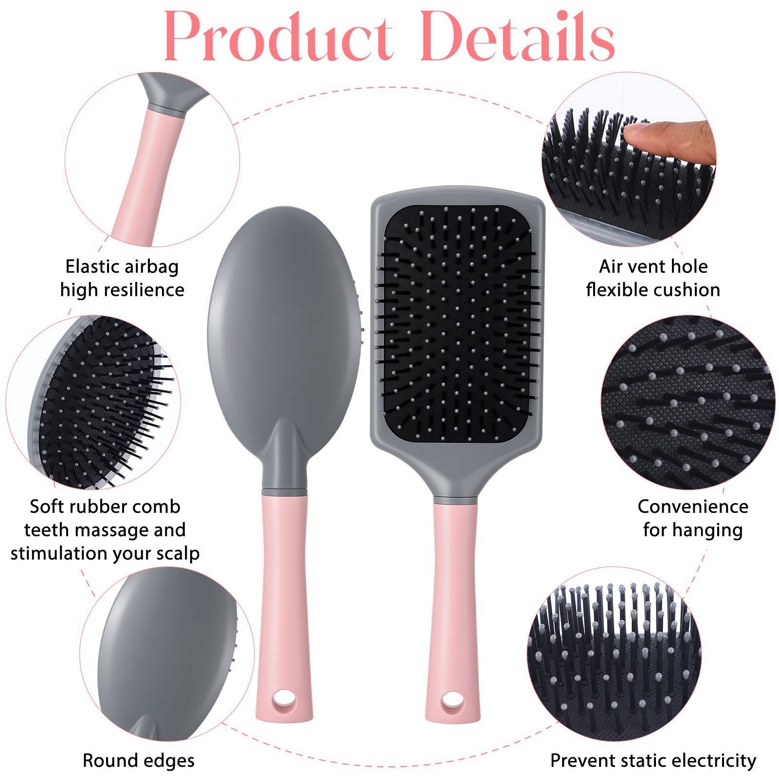 Abaima 5 Pcs Paddle Hair Brush Set for Women with Detangling, Anti-Static Massage, and Oval Combs, Perfect for Wet or Dry Hair Styling