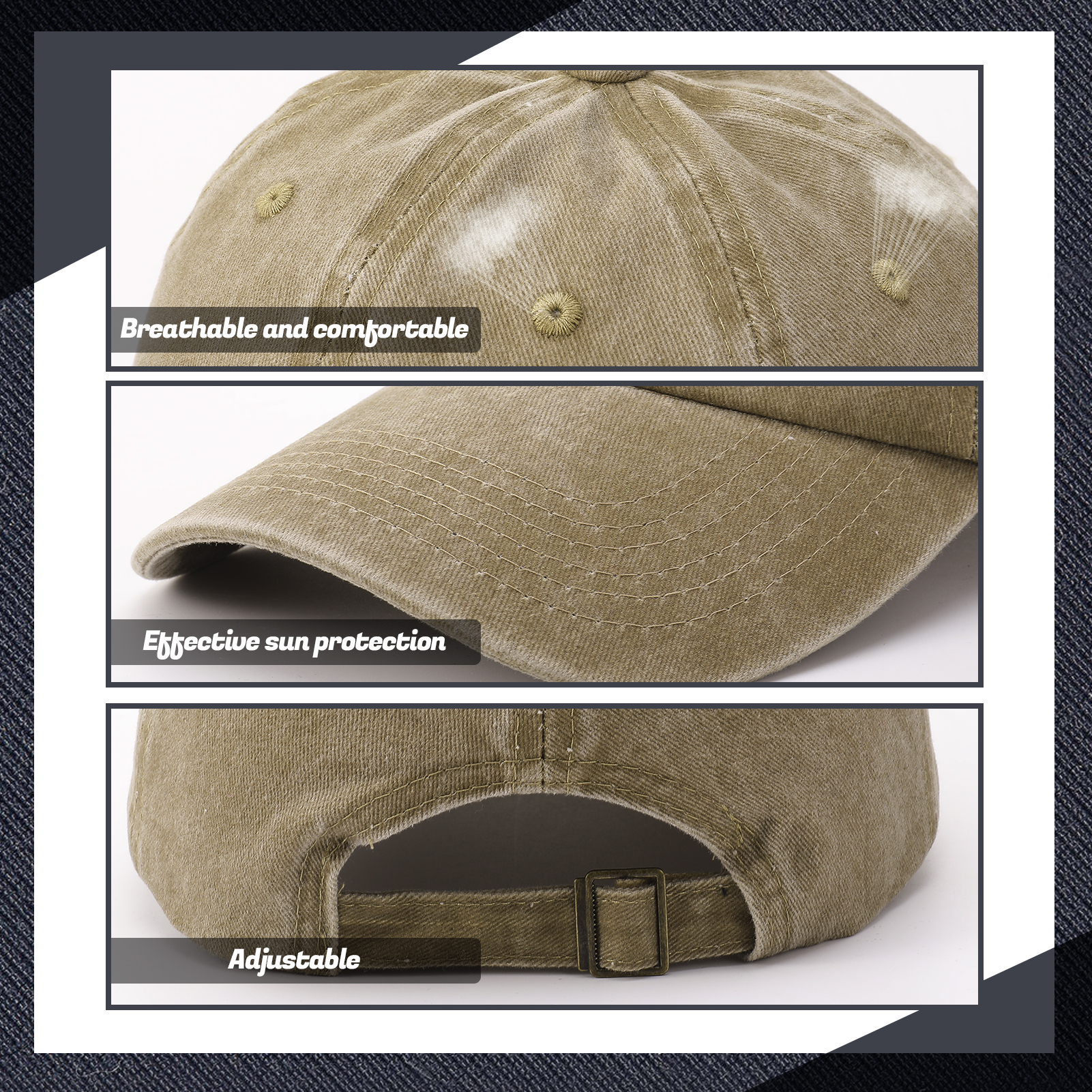 Bocaoying 3 Pcs Washed Cotton Baseball Caps for Men Women, Breathable Retro Adjustable Dad Hats with Structured Crown, Curved Brim Ball Caps for Running, Outdoor, Daily Casual Wear, Black/Grey/Khaki