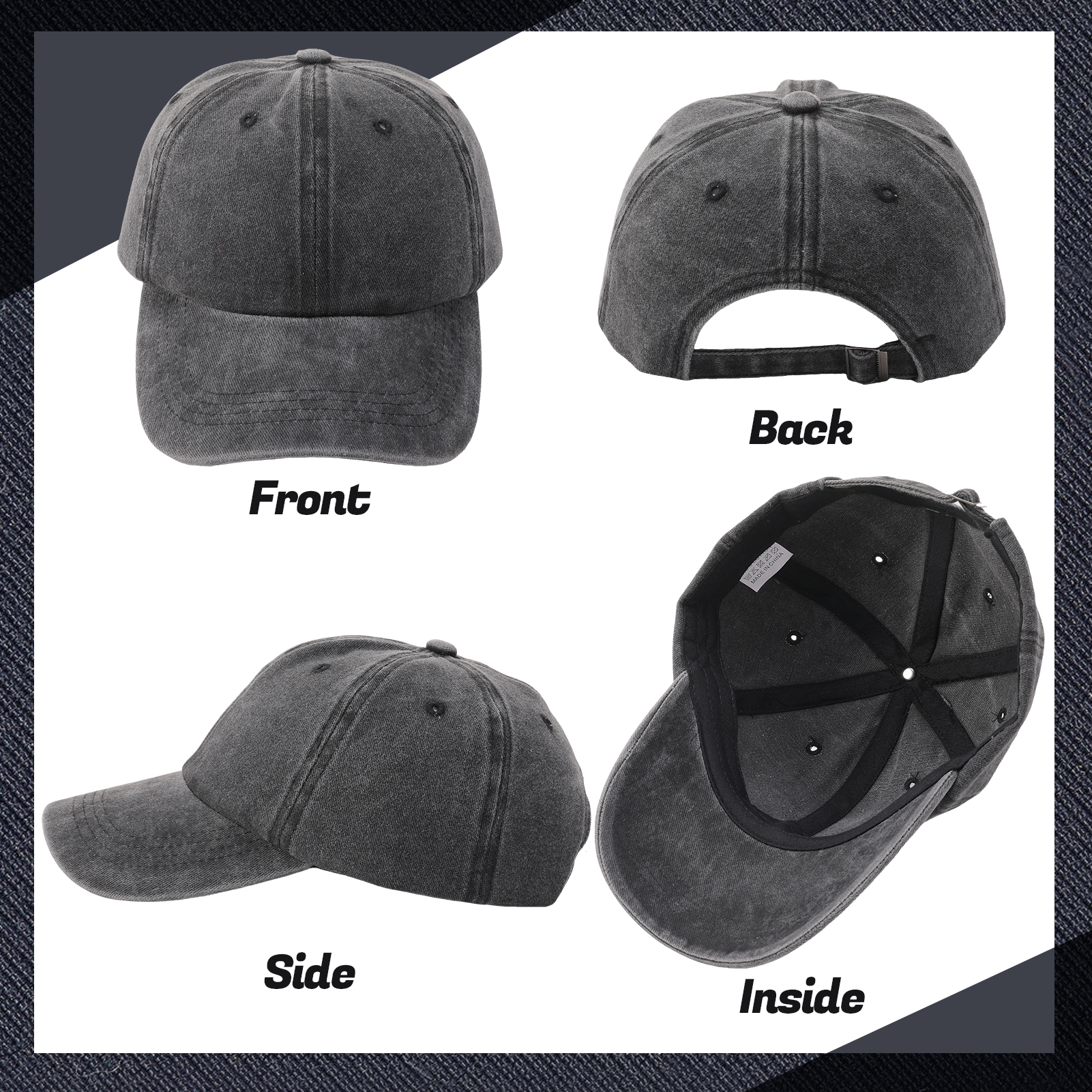Bocaoying 3 Pcs Washed Cotton Baseball Caps for Men Women, Breathable Retro Adjustable Dad Hats with Structured Crown, Curved Brim Ball Caps for Running, Outdoor, Daily Casual Wear, Black/Grey/Khaki