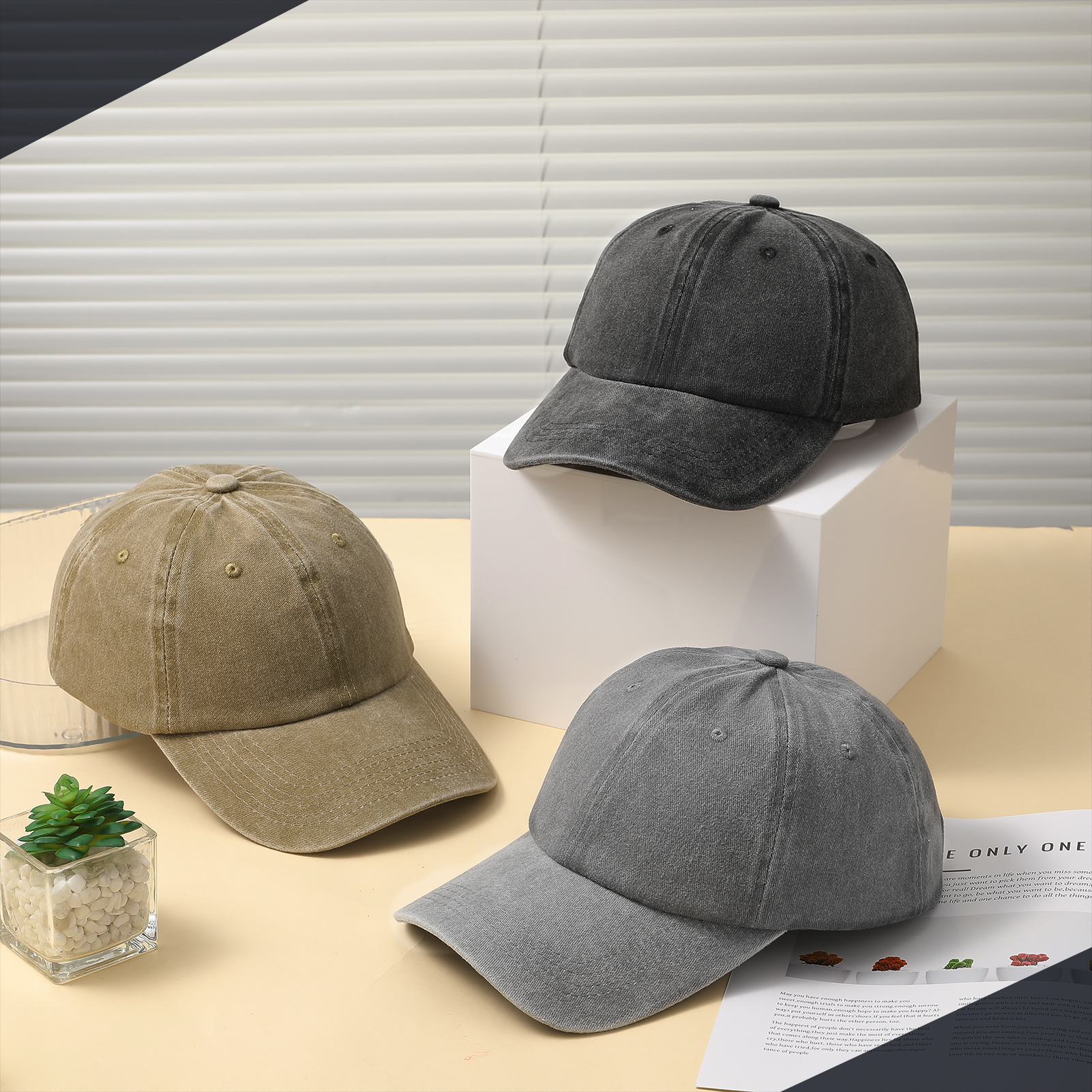 Bocaoying 3 Pcs Washed Cotton Baseball Caps for Men Women, Breathable Retro Adjustable Dad Hats with Structured Crown, Curved Brim Ball Caps for Running, Outdoor, Daily Casual Wear, Black/Grey/Khaki