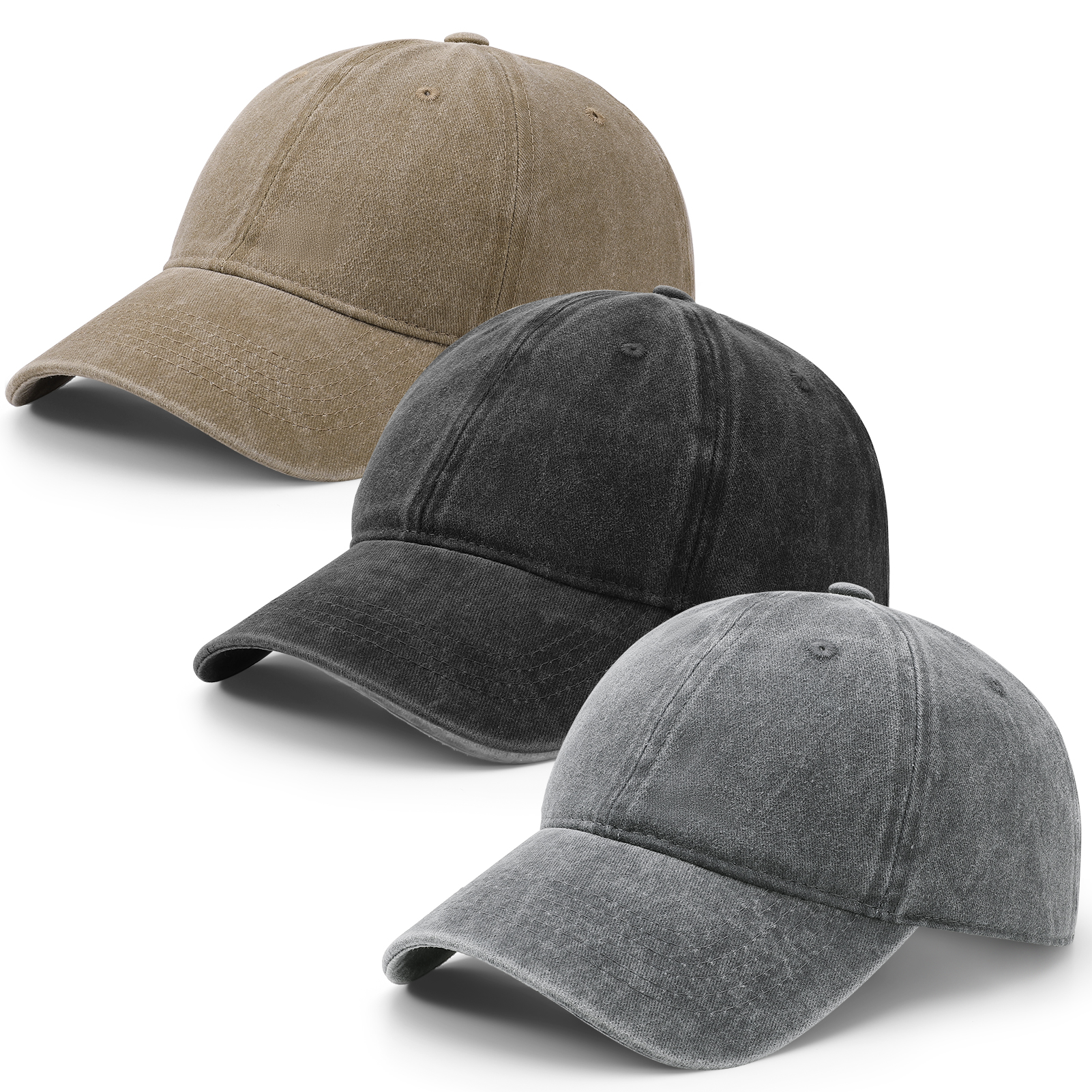 Bocaoying 3 Pcs Washed Cotton Baseball Caps for Men Women, Breathable Retro Adjustable Dad Hats with Structured Crown, Curved Brim Ball Caps for Running, Outdoor, Daily Casual Wear, Black/Grey/Khaki