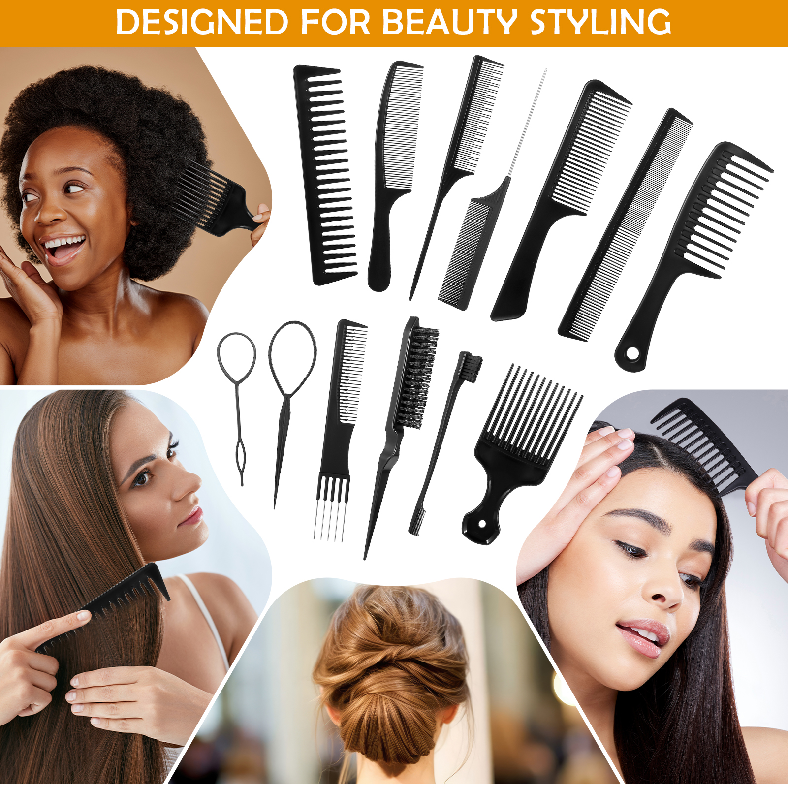 Abaima 15 Pcs Hair Comb Set - Wide Tooth, Rat Tail & Teasing Combs for Curly Hair - Professional Styling, Braiding & Barber Tools for Women & Men