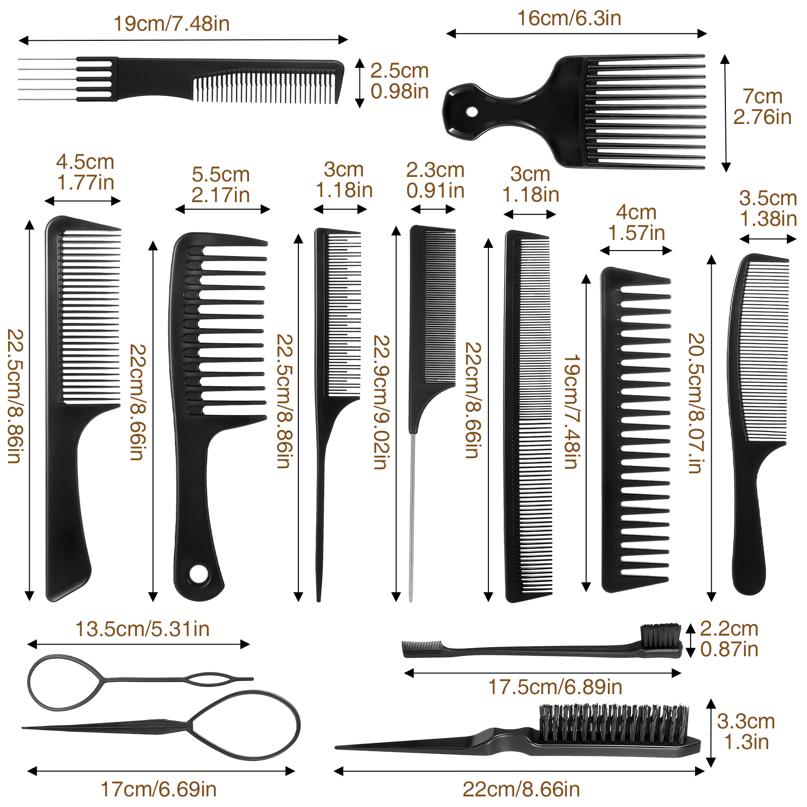 Abaima 15 Pcs Hair Comb Set - Wide Tooth, Rat Tail & Teasing Combs for Curly Hair - Professional Styling, Braiding & Barber Tools for Women & Men