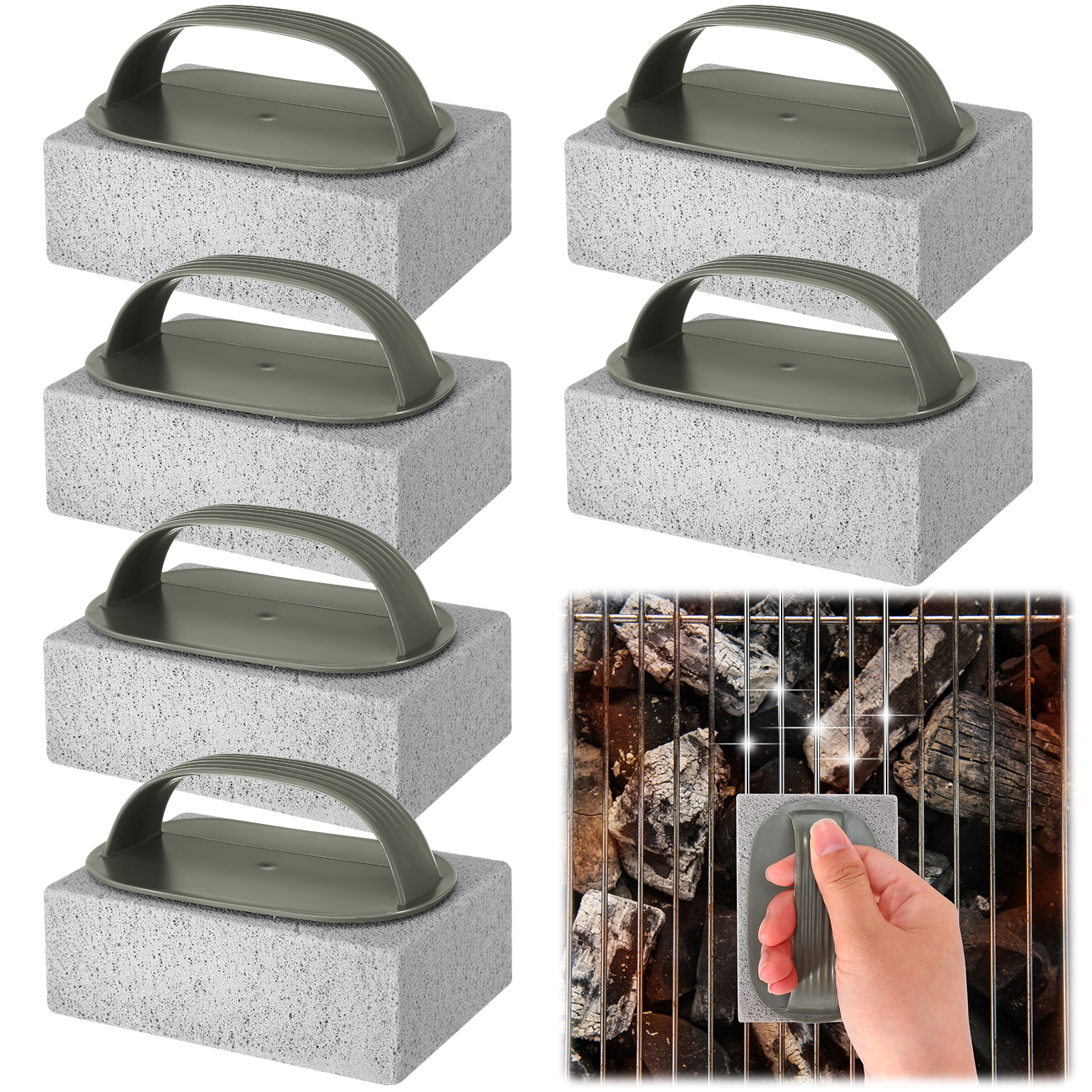 Armscye 6 Pack Heavy Duty Pumice Stone, Grill Cleaning Brick Block with Handle, Griddle Cleaning Brick, Grill Cleaner Accessories for Sink BBQ Bathroom Oven Cleaning Supplies