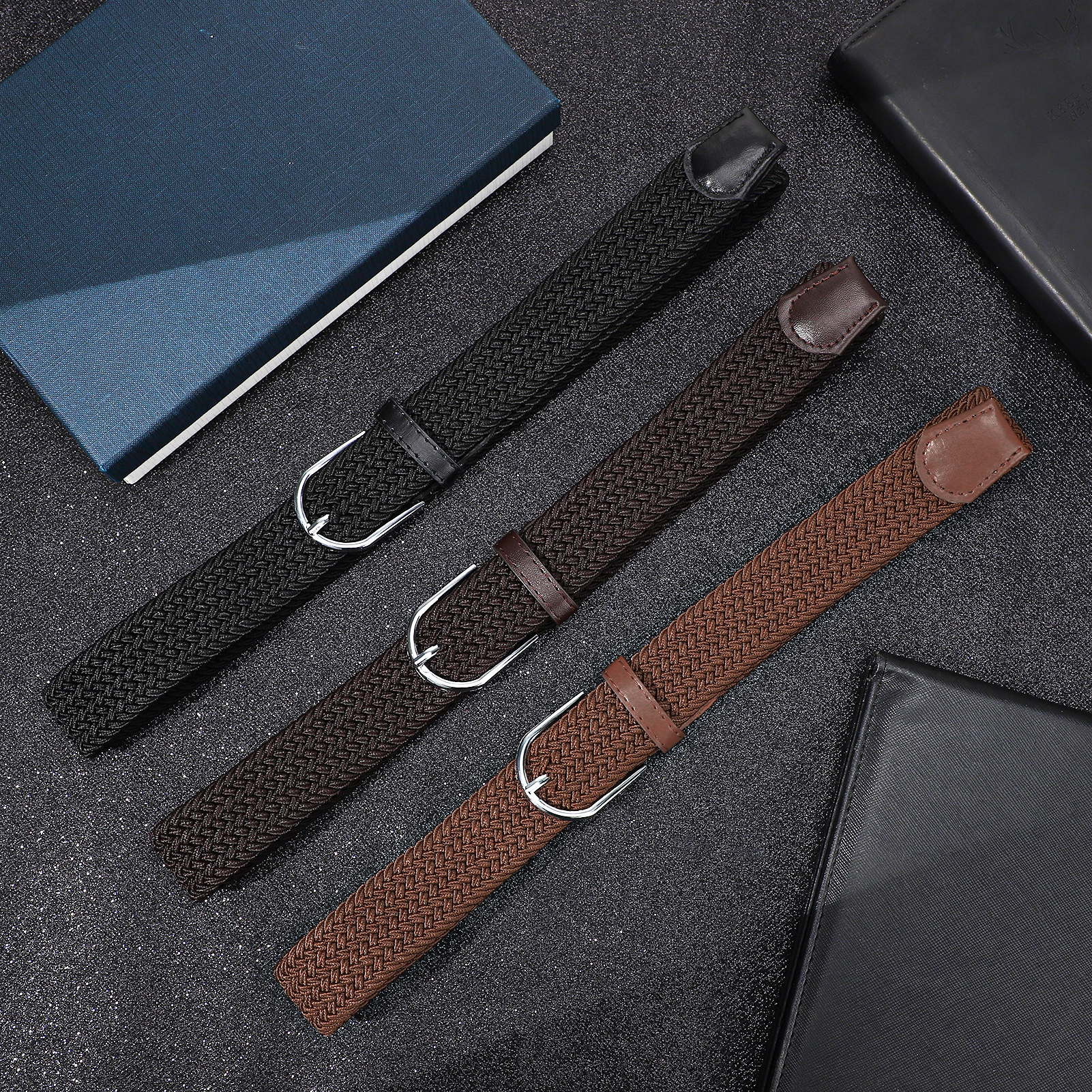 Bocaoying 3 Pack Men Braided Belts, Fits Up to 28'' - 33" Waist, Elastic Stretch Belts for Men, 42'' Nylon Woven Belts for Men, No Hole Golf Belt for Men (Black, Brown, Coffee)