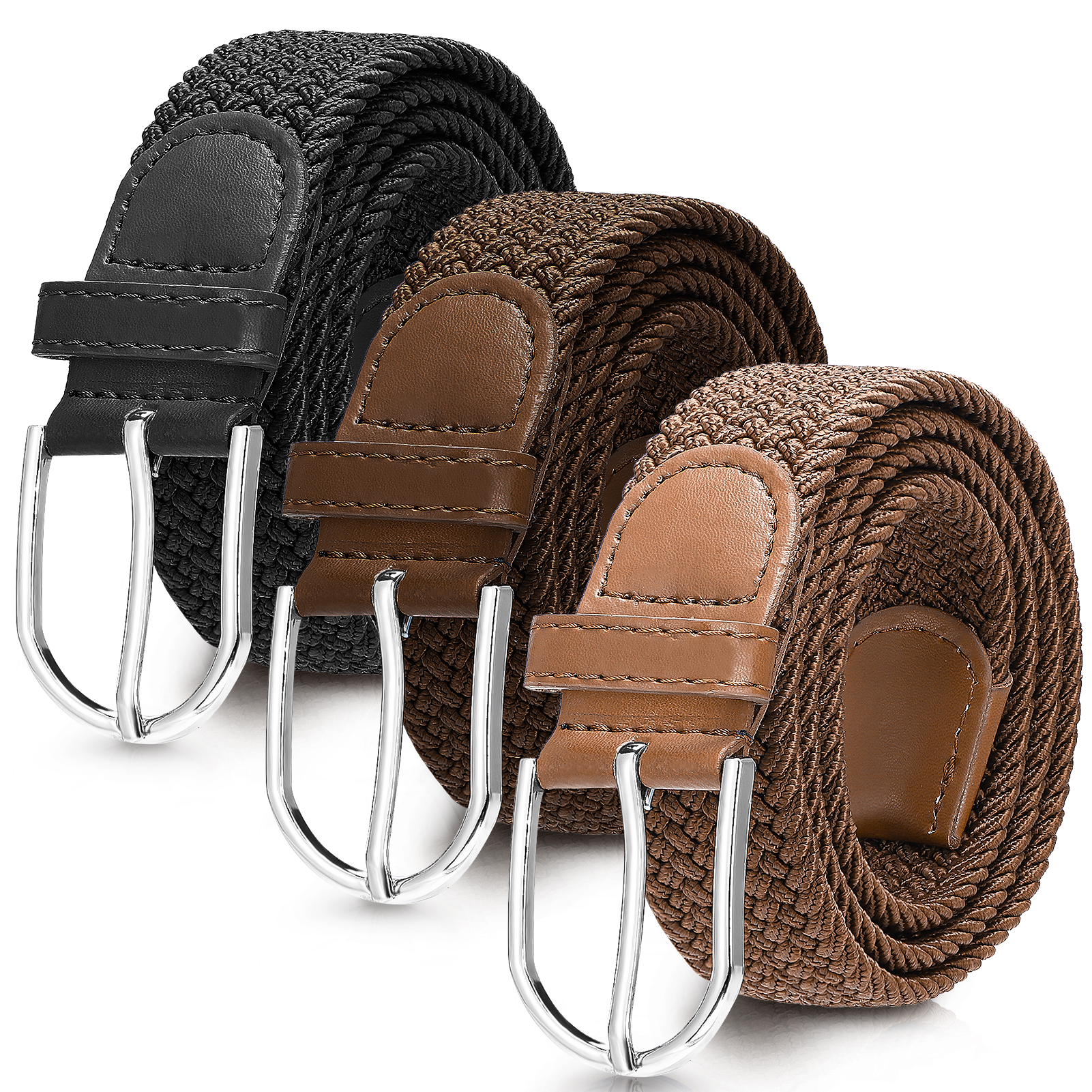 Bocaoying 3 Pack Men Braided Belts, Fits Up to 28'' - 33" Waist, Elastic Stretch Belts for Men, 42'' Nylon Woven Belts for Men, No Hole Golf Belt for Men (Black, Brown, Coffee)