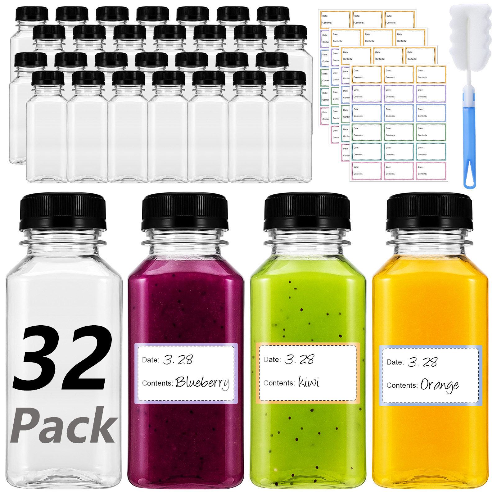 Topekada 32 Pcs 8 oz Empty Plastic Juice Bottles with Lids, Reusable Drink Containers with Brush and Labels, Clear Bulk Juice Containers with Caps for Juicing, Smoothie and Other Beverages