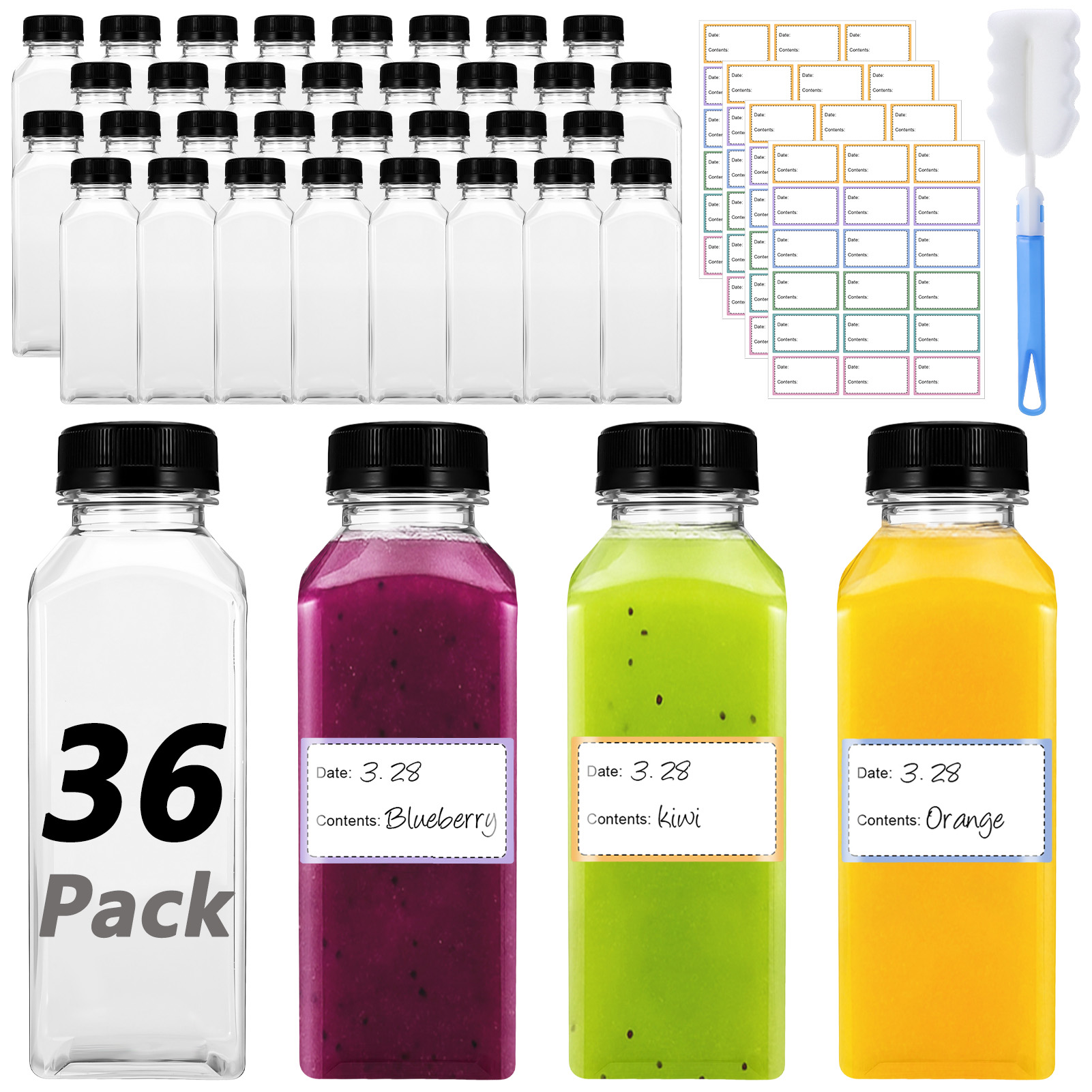 Topekada 36 Pcs 12 oz Empty Plastic Juice Bottles with Lids, Reusable Drink Containers with Brush and Labels, Clear Bulk Juice Containers with Caps for Juicing, Smoothie and Other Beverages