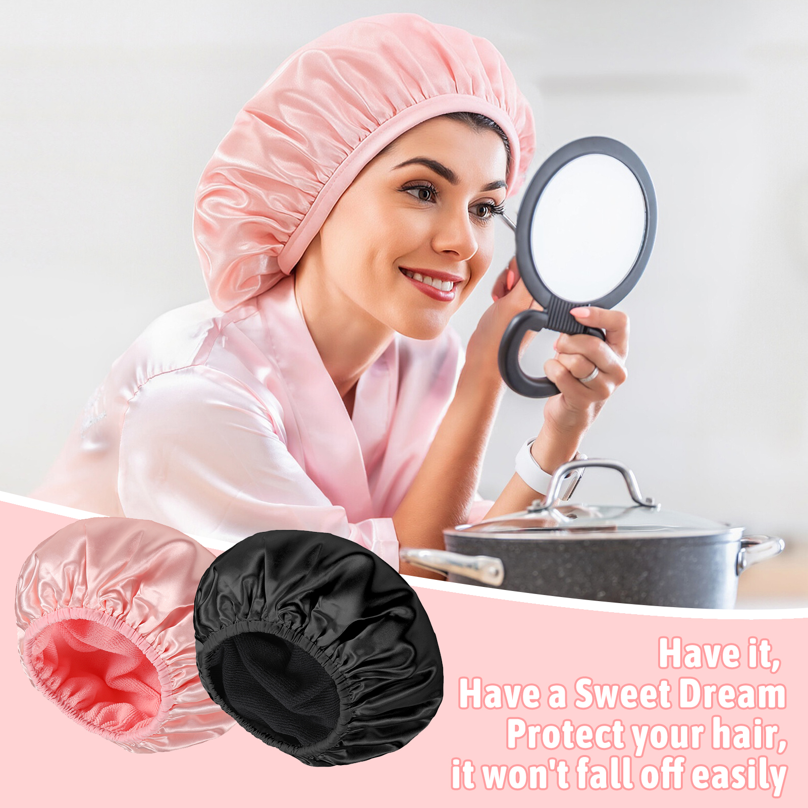 Bocaoying 2 Pcs 3 Layer Shower Caps for Women, Reusable Waterproof Spa Bonnets for Long/Curly Hair, Triple Layer Bath Caps, Black/Pink, Large Dry Silk Satin Bonnets for Hair Treatment, Sleeping