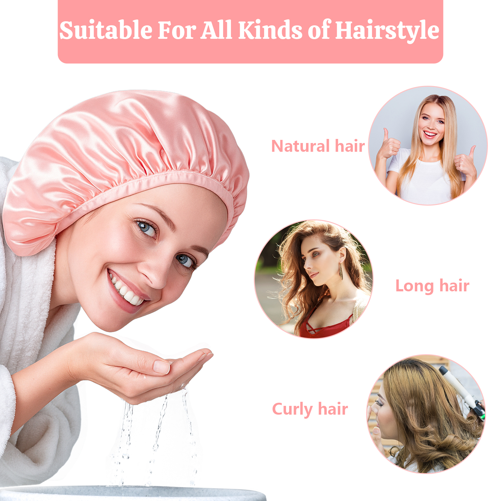 Bocaoying 2 Pcs 3 Layer Shower Caps for Women, Reusable Waterproof Spa Bonnets for Long/Curly Hair, Triple Layer Bath Caps, Black/Pink, Large Dry Silk Satin Bonnets for Hair Treatment, Sleeping