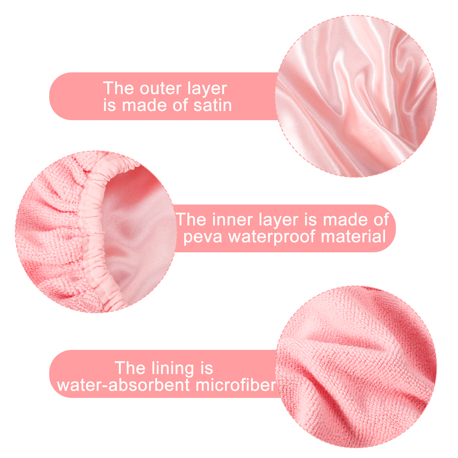 Bocaoying 2 Pcs 3 Layer Shower Caps for Women, Reusable Waterproof Spa Bonnets for Long/Curly Hair, Triple Layer Bath Caps, Black/Pink, Large Dry Silk Satin Bonnets for Hair Treatment, Sleeping