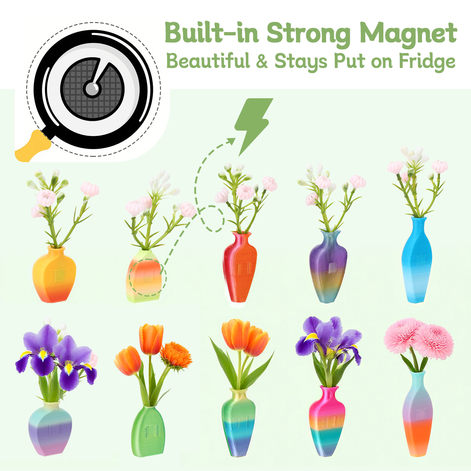 Topekada 10 Pack Mini Vase Magnets for Fridge, Eco-Friendly Biodegradable Plant Vase Magnets with Artificial Flowers for Refrigerator, Office, Locker Decoration