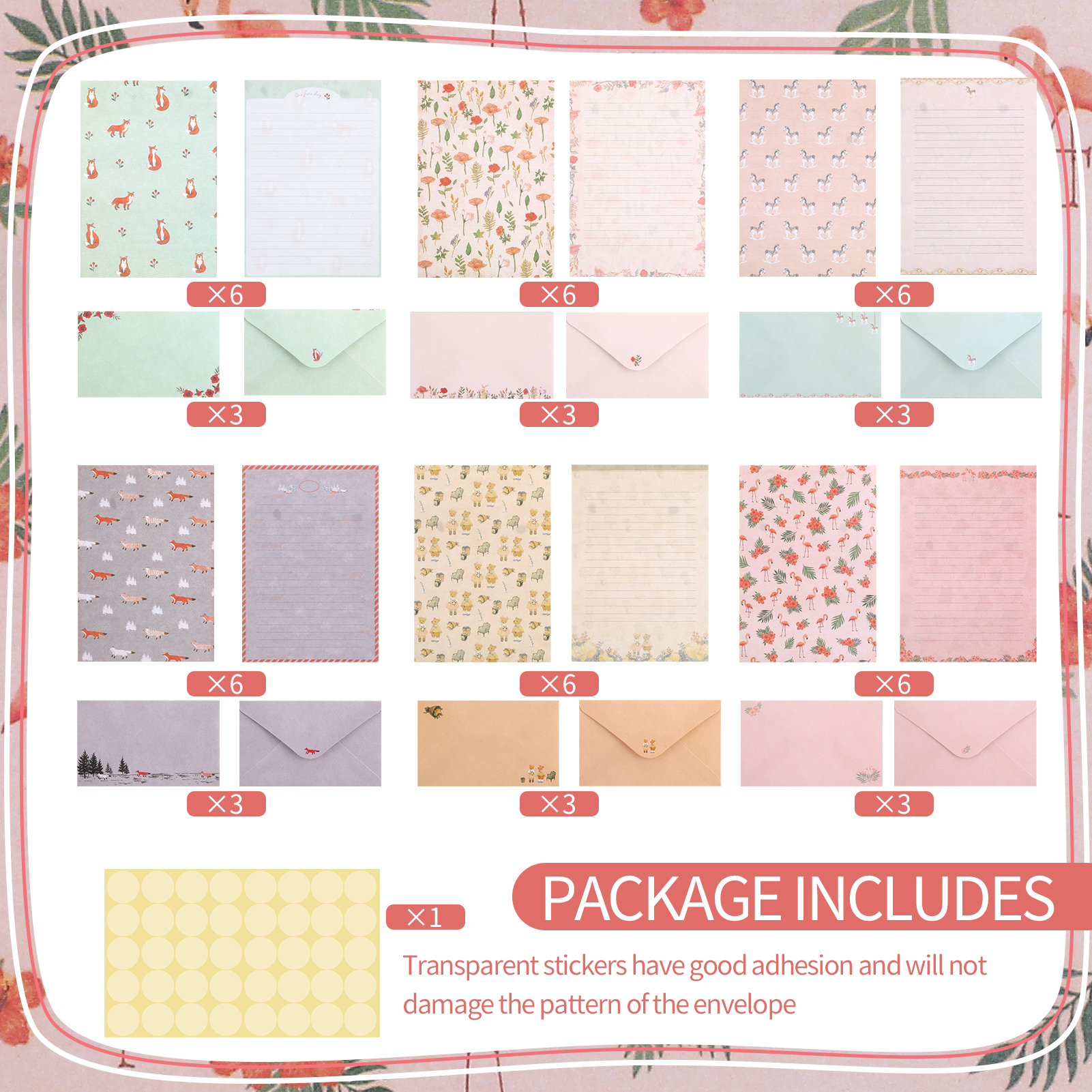 sixwipe 54 Pcs Stationery Set with Envelopes, 36 Writing Paper and 18 Envelopes, Cute Lined Stationery Paper with 60 Round Dot Label Seals for Writing Letters Invitations Poem