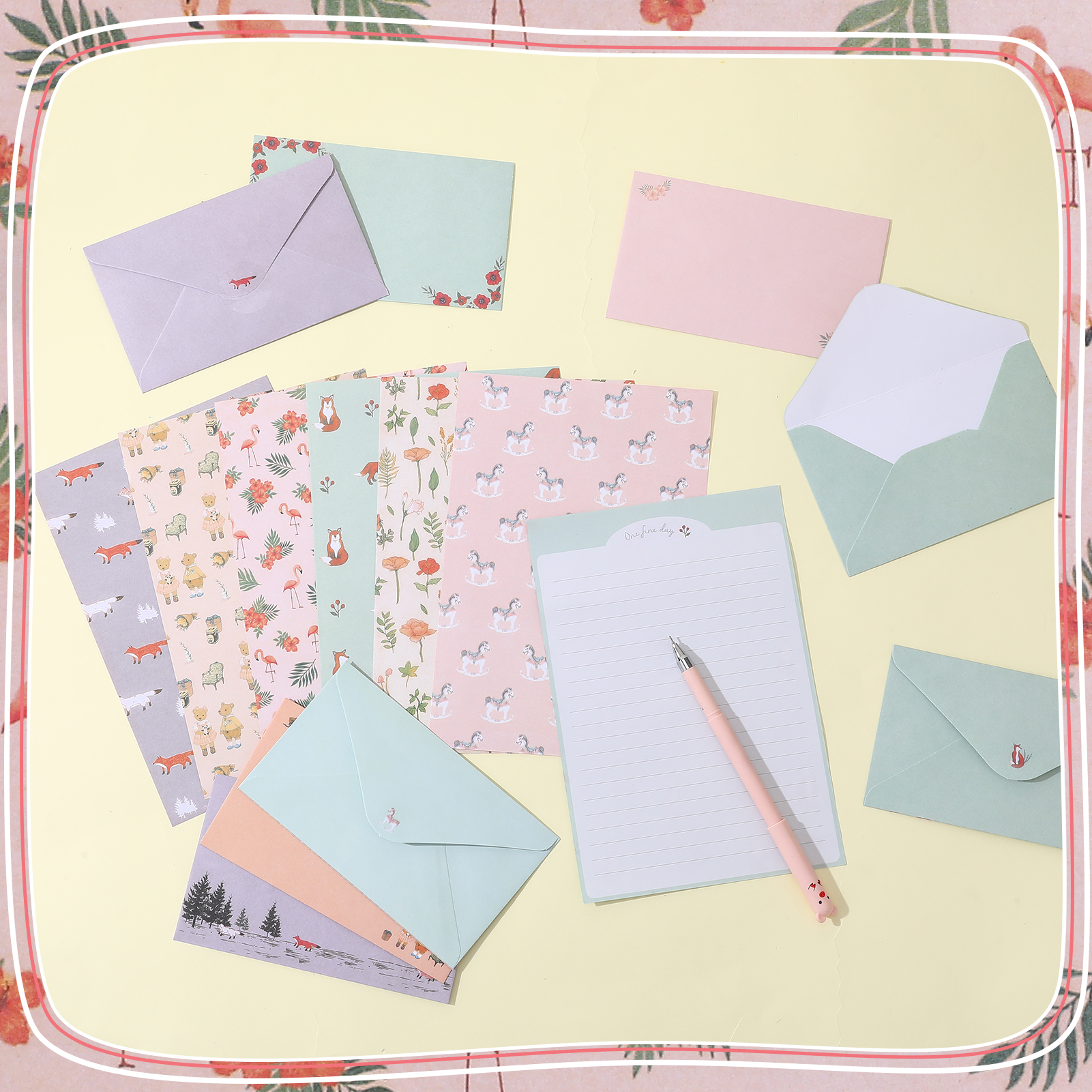sixwipe 54 Pcs Stationery Set with Envelopes, 36 Writing Paper and 18 Envelopes, Cute Lined Stationery Paper with 60 Round Dot Label Seals for Writing Letters Invitations Poem