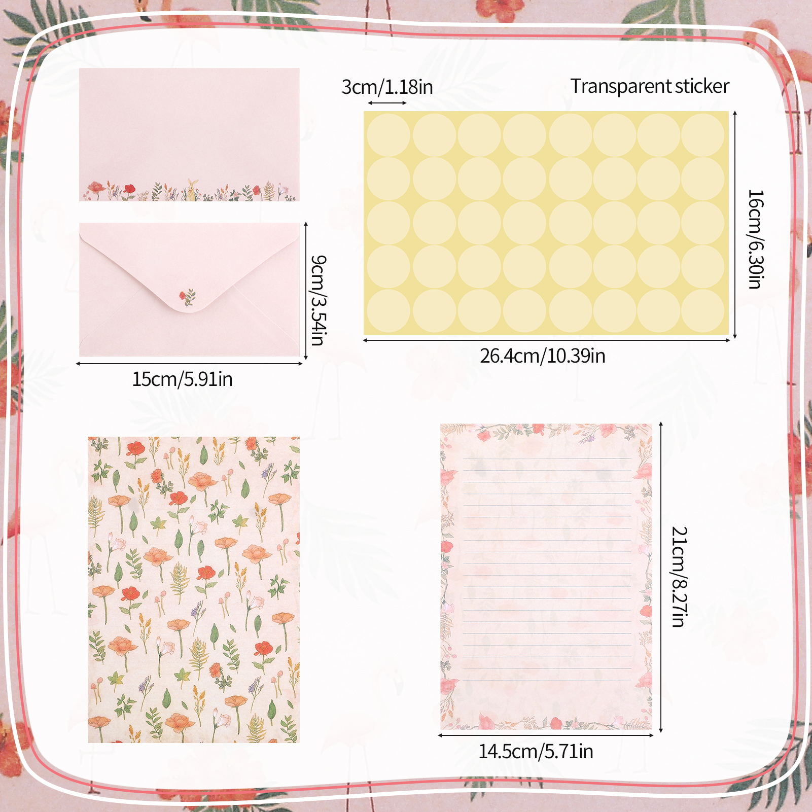 sixwipe 54 Pcs Stationery Set with Envelopes, 36 Writing Paper and 18 Envelopes, Cute Lined Stationery Paper with 60 Round Dot Label Seals for Writing Letters Invitations Poem