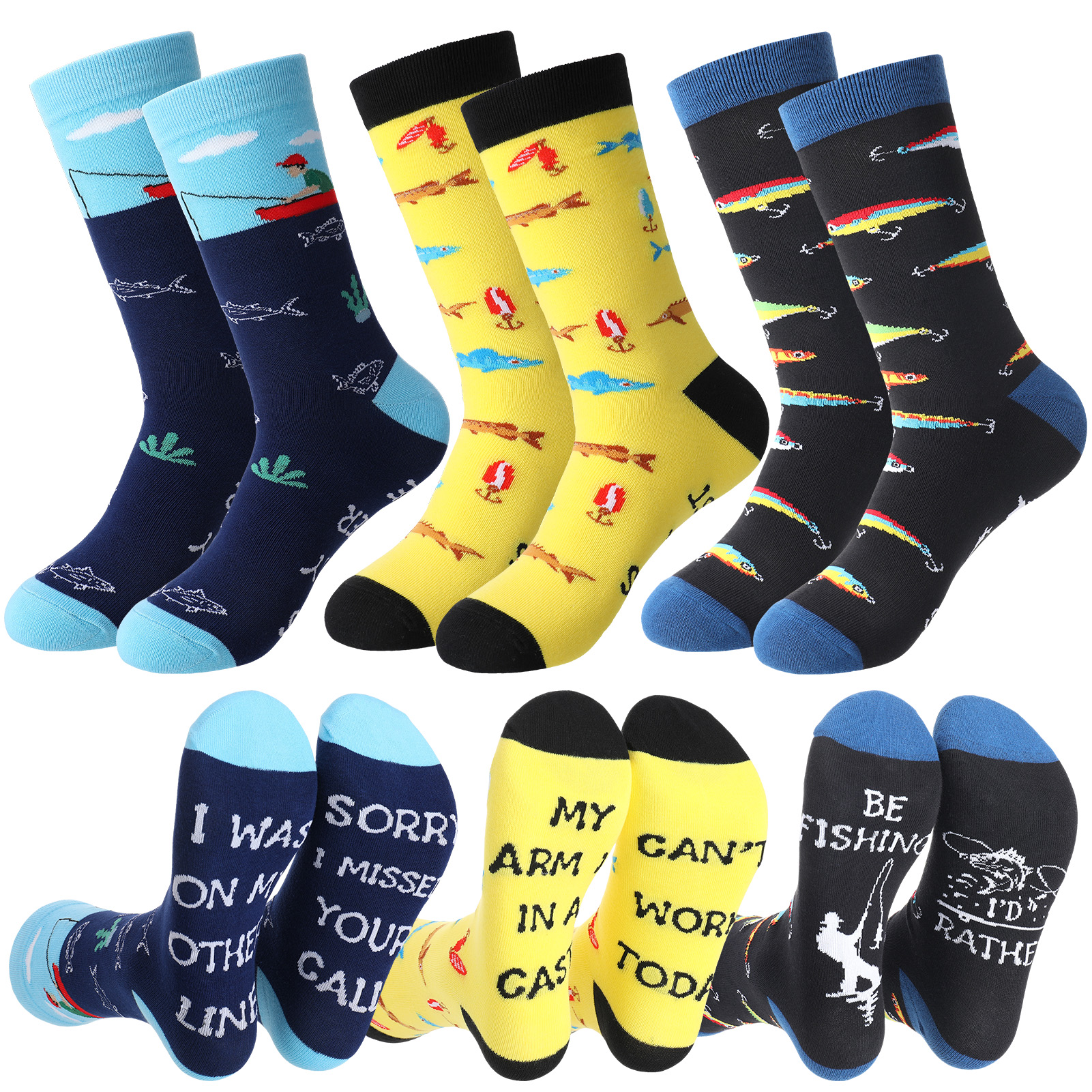 Bocaoying 3 Pairs Novelty Fishing Socks for Men Funny Fish Themed Crew Socks Gifts for Dad, Grandpa Fishing Lover