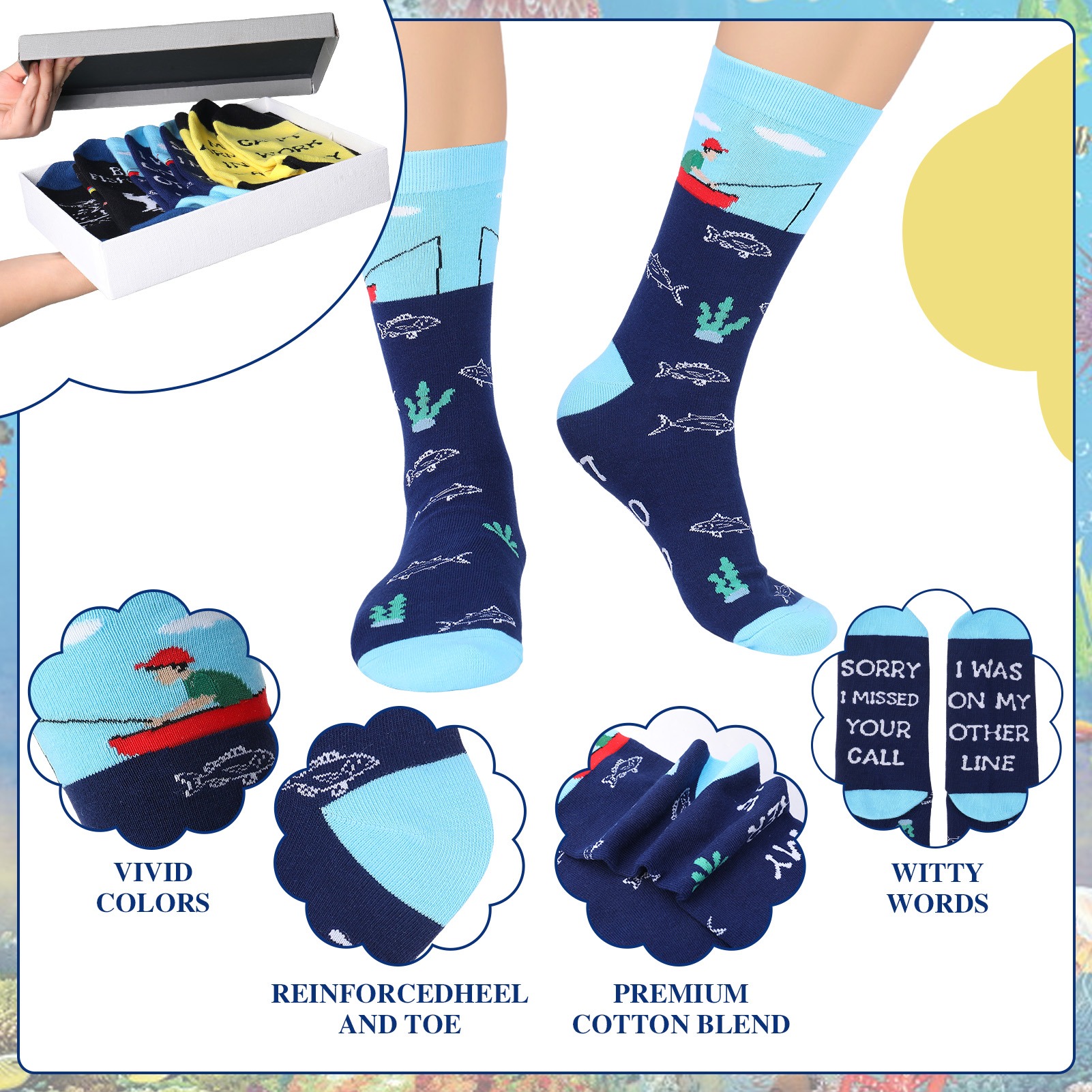 Bocaoying 3 Pairs Novelty Fishing Socks for Men Funny Fish Themed Crew Socks Gifts for Dad, Grandpa Fishing Lover