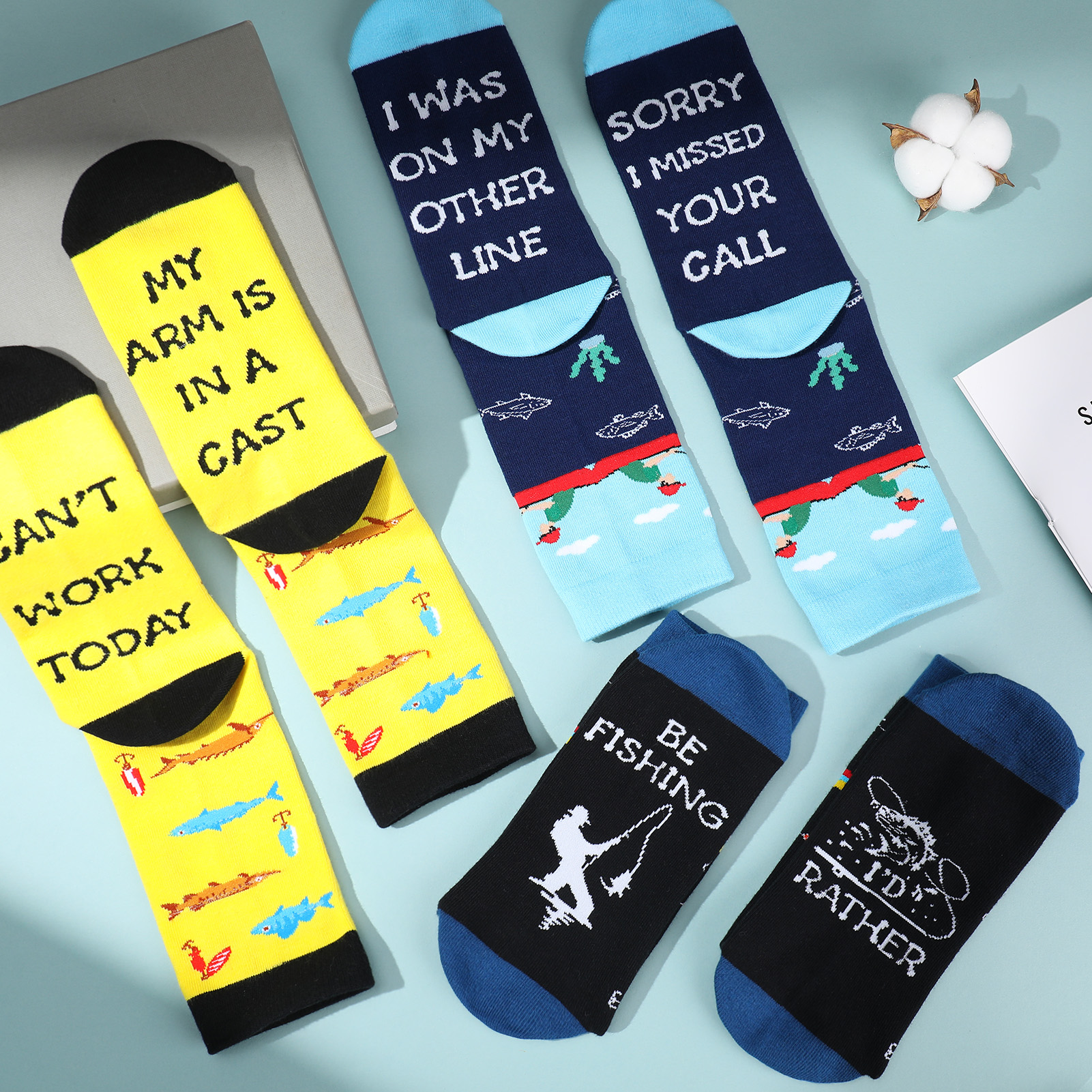 Bocaoying 3 Pairs Novelty Fishing Socks for Men Funny Fish Themed Crew Socks Gifts for Dad, Grandpa Fishing Lover