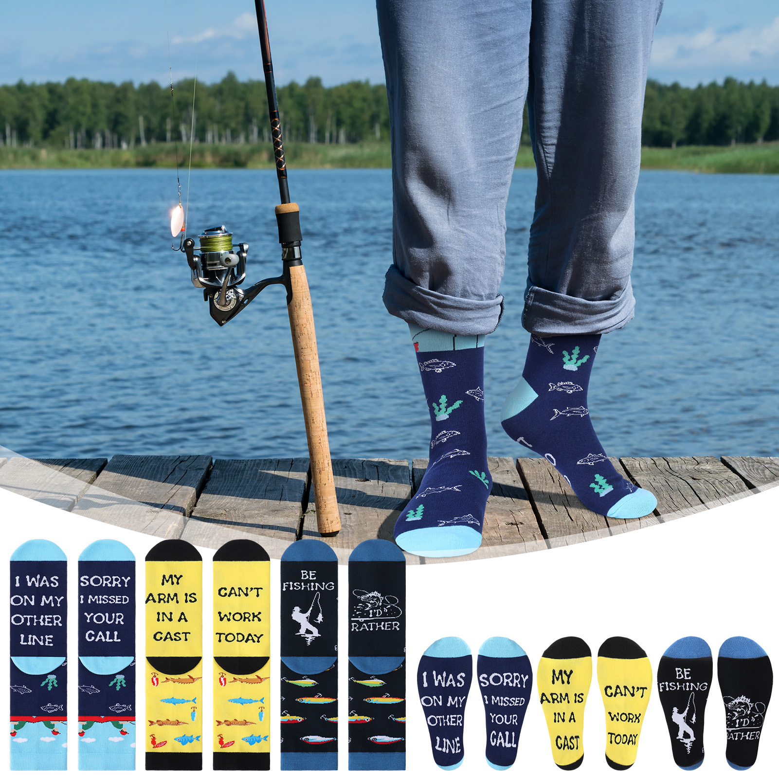 Bocaoying 3 Pairs Novelty Fishing Socks for Men Funny Fish Themed Crew Socks Gifts for Dad, Grandpa Fishing Lover